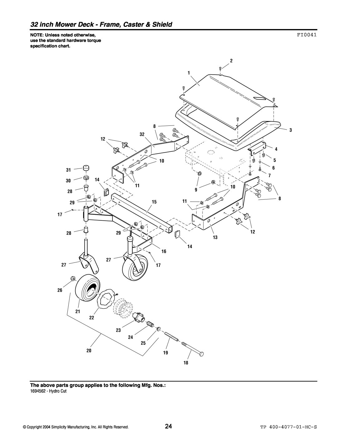 Simplicity 1694562, Hydro Cut Series manual inch Mower Deck - Frame, Caster & Shield, FI0041, TP 400-4077-01-HC-S 