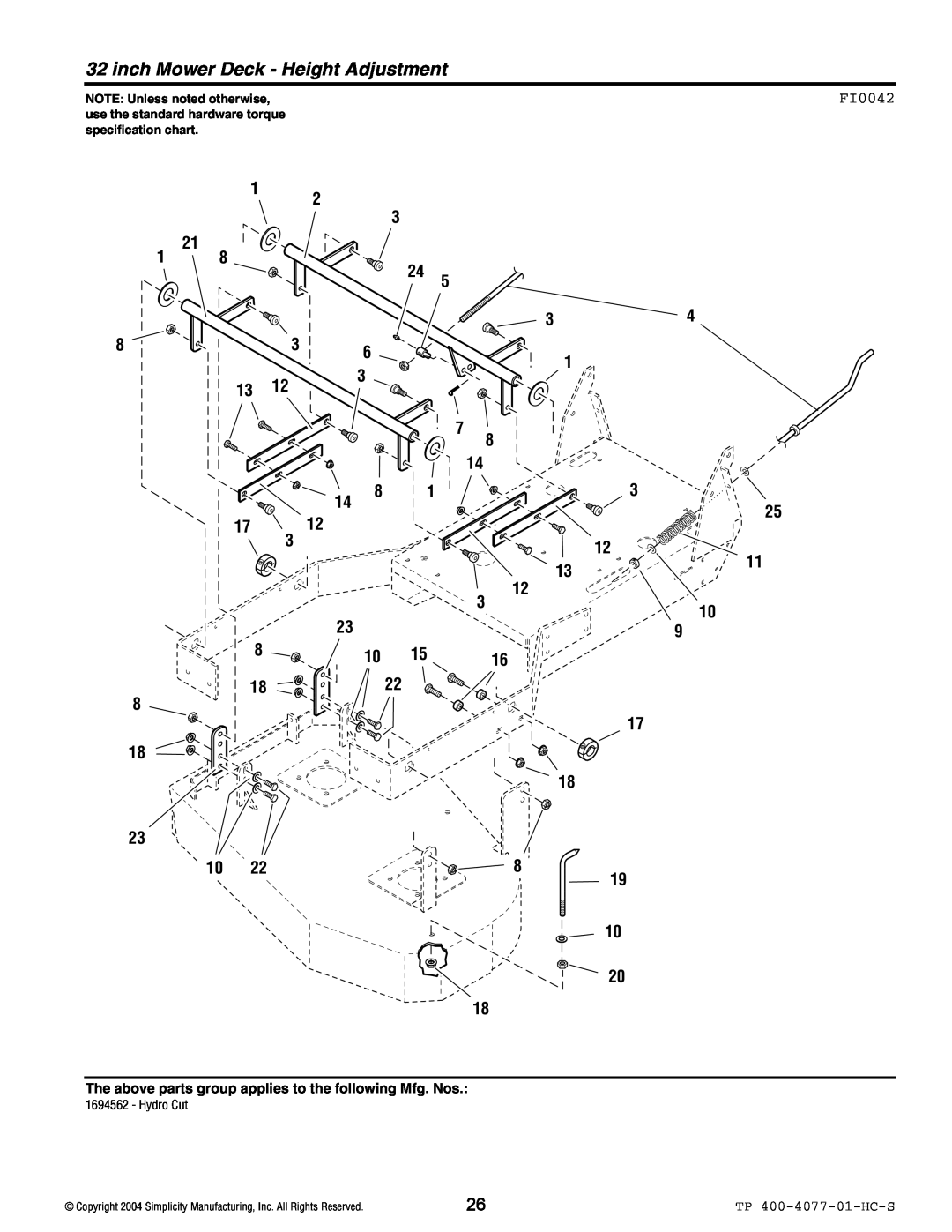 Simplicity 1694562, Hydro Cut Series manual inch Mower Deck - Height Adjustment, FI0042 