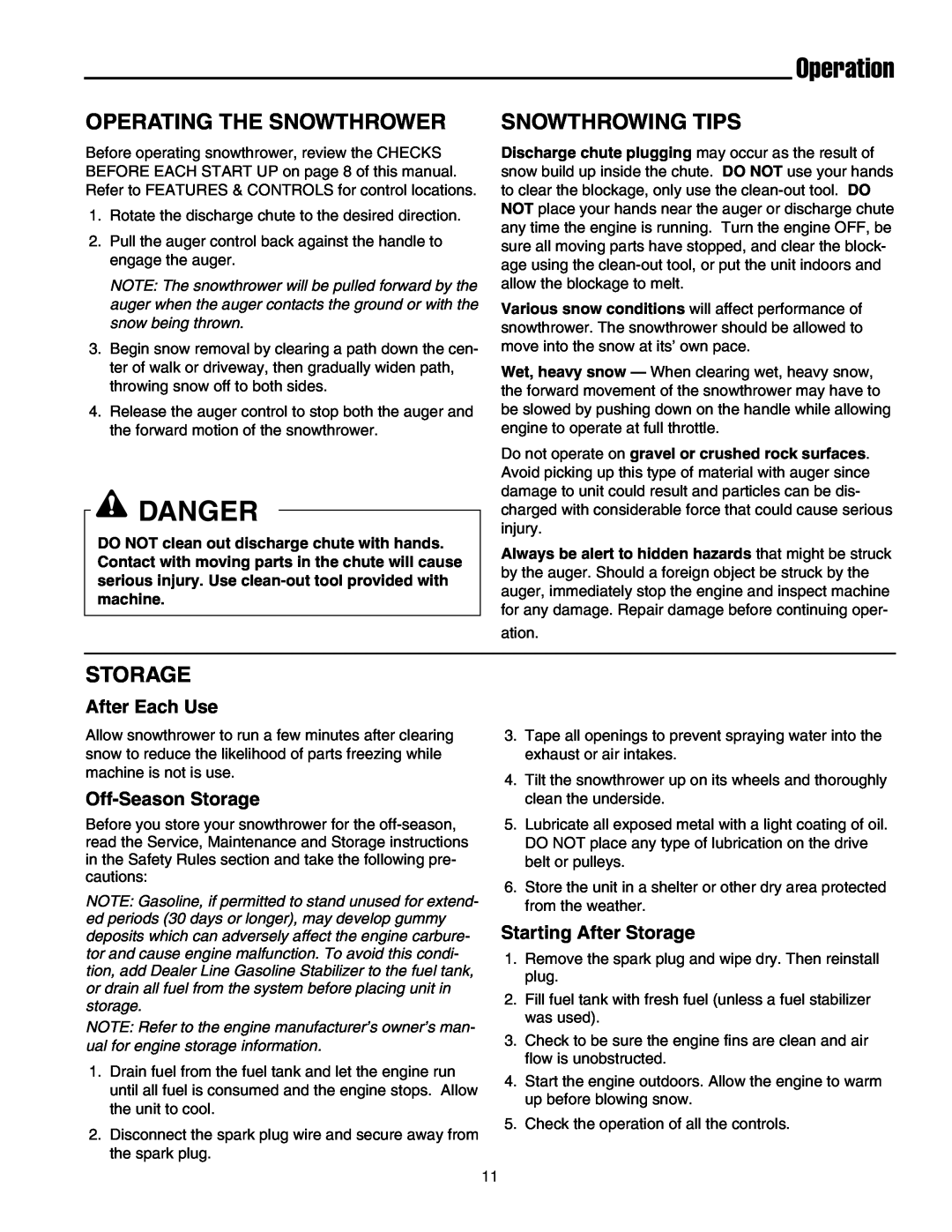 Simplicity 1694583 319M Operating The Snowthrower, Snowthrowing Tips, After Each Use, Off-Season Storage, Danger 