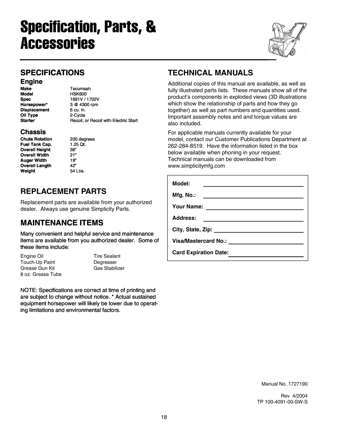 Simplicity 1694584 319E Specifications, Replacement Parts, Maintenance Items, Technical Manuals, Engine, Chassis 