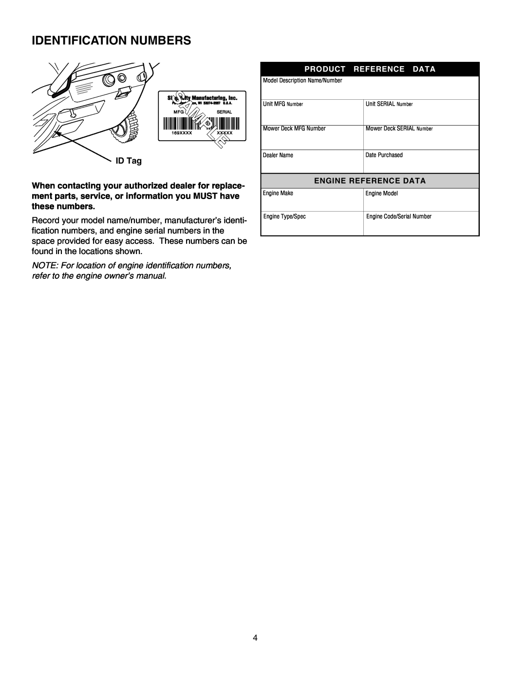 Simplicity 1694584 319E, 1694583 319M instruction sheet Identification Numbers, ID Tag, Product, Engine Reference Data 