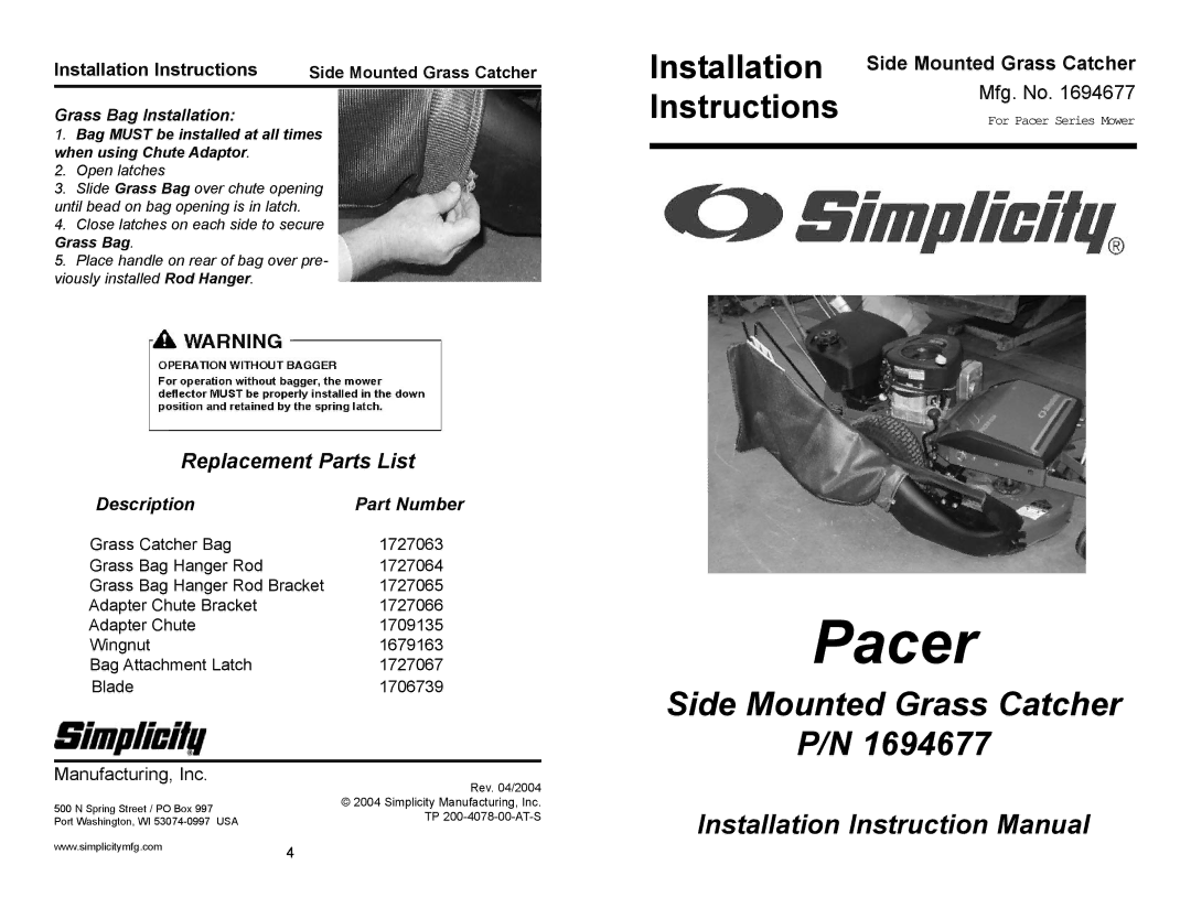 Simplicity 1694677 installation instructions Grass Bag Installation 