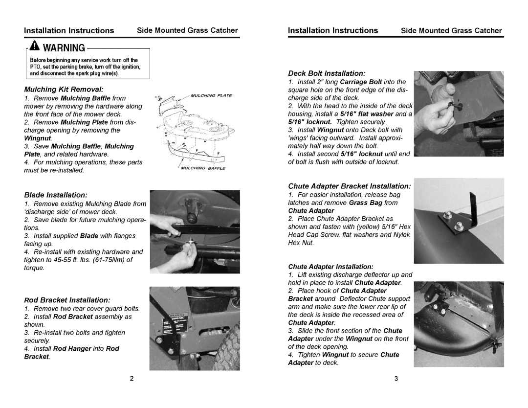 Simplicity 1694677 Mulching Kit Removal, Blade Installation, Rod Bracket Installation, Deck Bolt Installation 