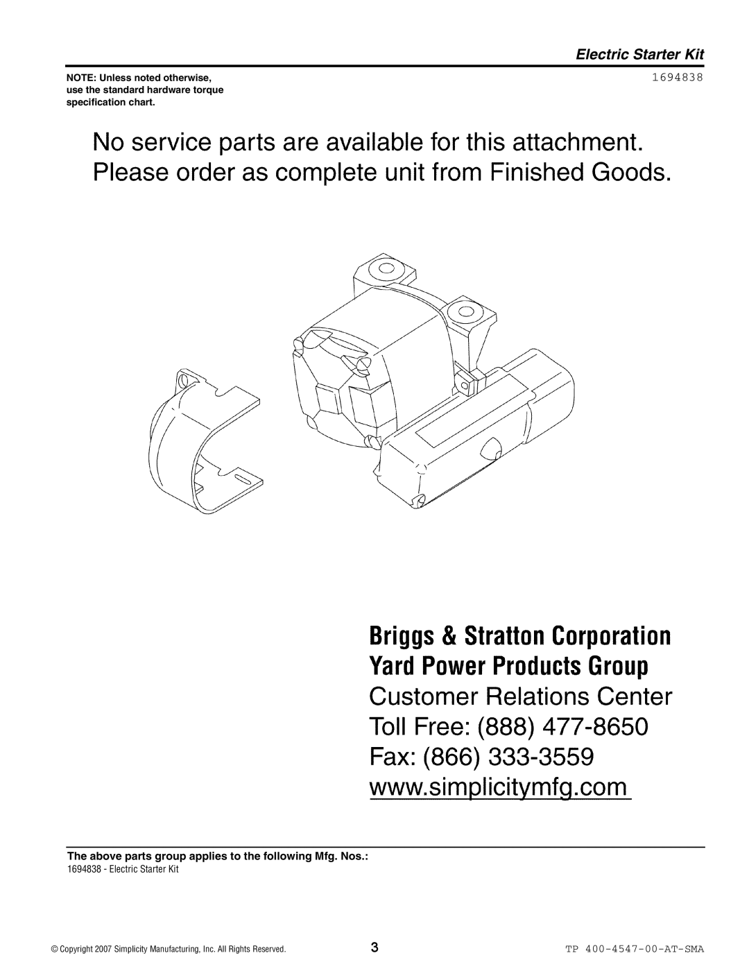 Simplicity 1694838 manual Electric Starter Kit, NOTE Unless noted otherwise, use the standard hardware torque 