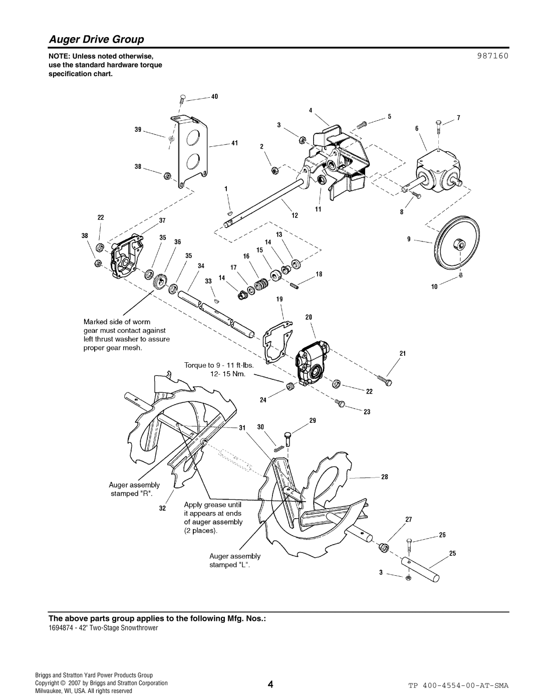 Simplicity 1694874 manual Auger Drive Group 