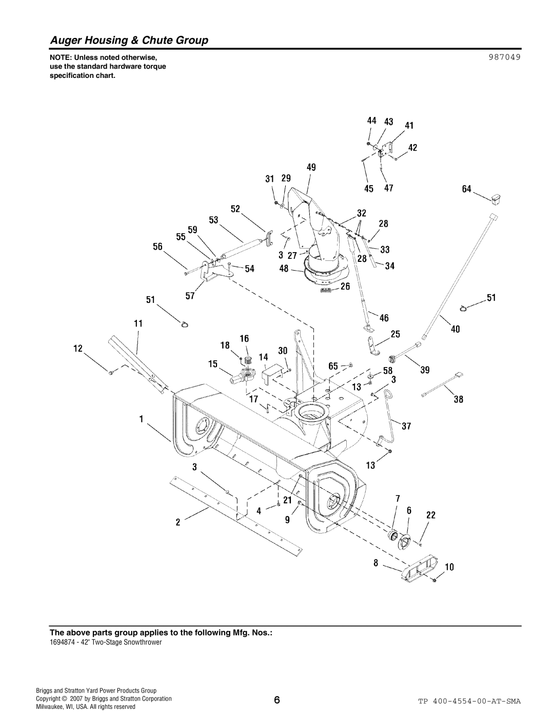 Simplicity 1694874 manual Auger Housing & Chute Group 