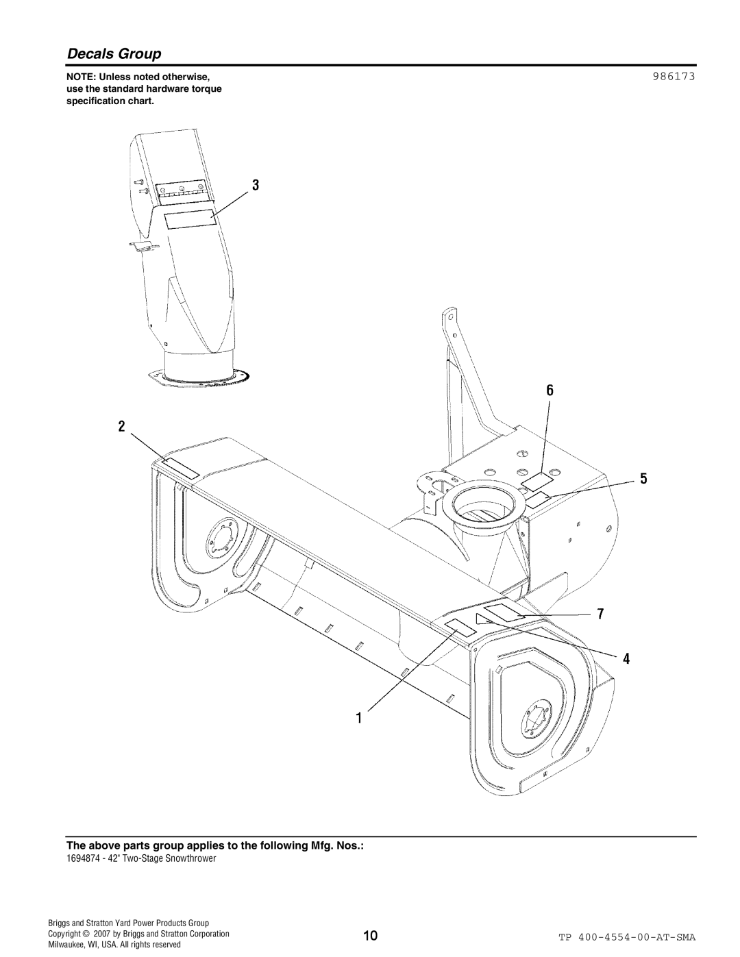Simplicity 1694874 manual Decals Group, 986173, NOTE Unless noted otherwise, Briggs and Stratton Yard Power Products Group 