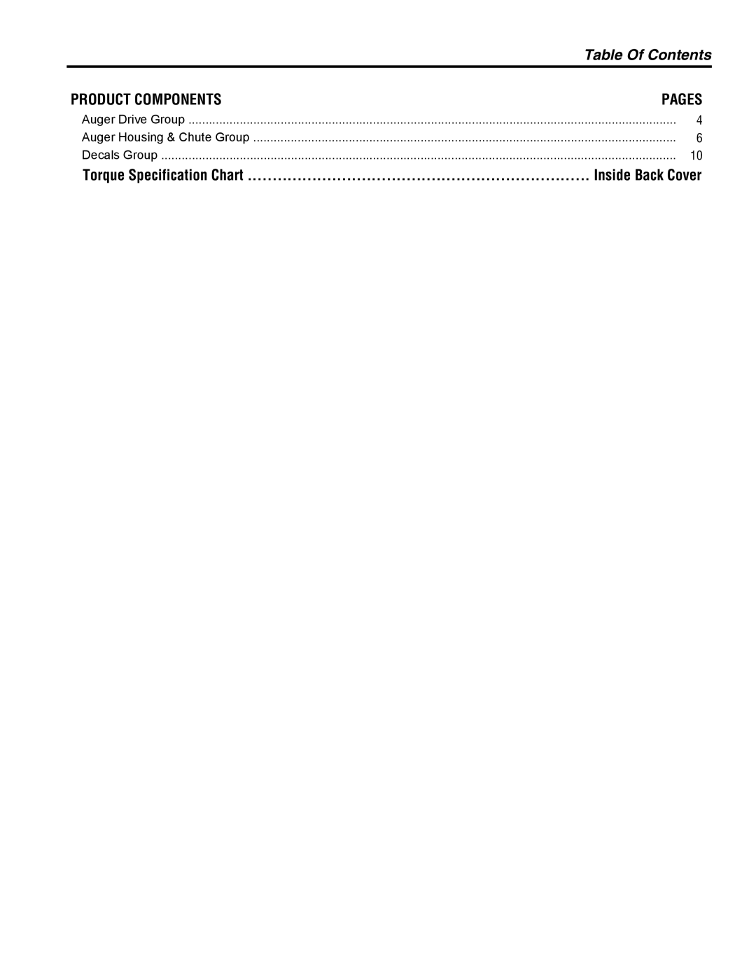 Simplicity 1694874 manual Table Of Contents, Product Components, Pages, Torque Specification Chart, Inside Back Cover 