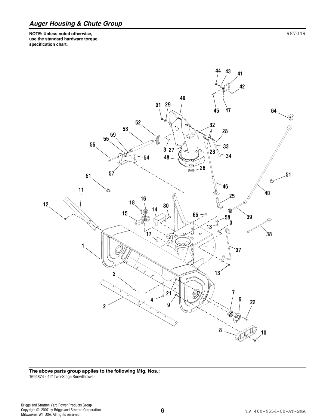 Simplicity 1694874 manual Auger Housing & Chute Group, 987049, NOTE Unless noted otherwise 