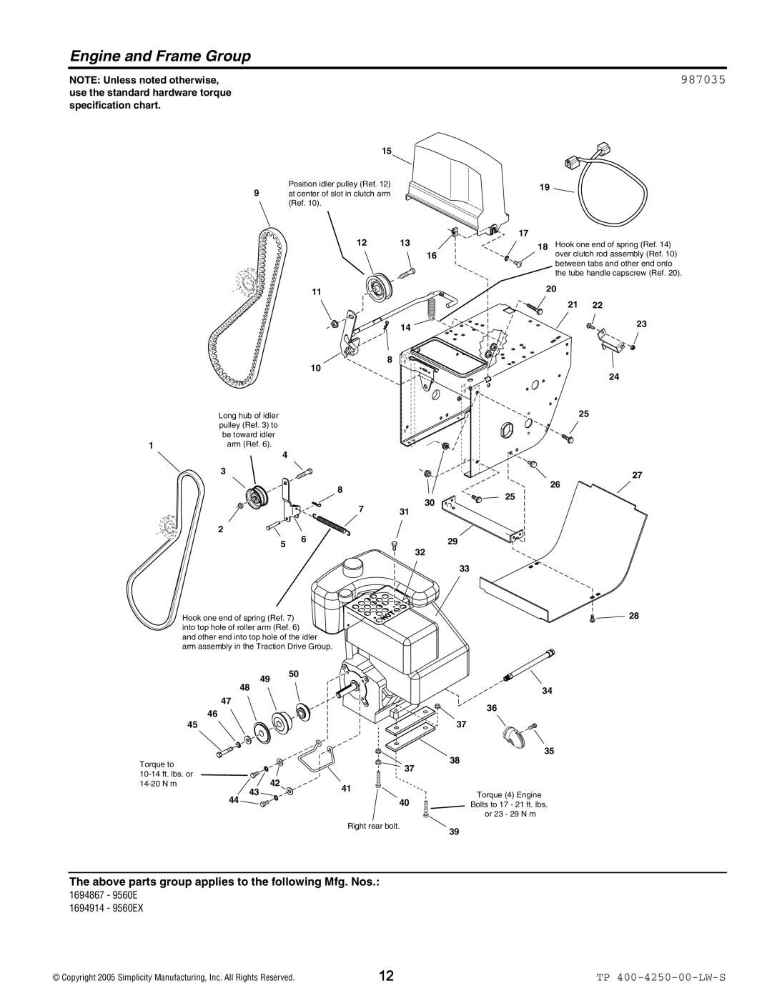 Simplicity 1694914, 1694915, 1694872, 1694867, 1694848, 1694847, 1694850, 1694849, 1694852, 1694851 Engine and Frame Group, 987035 