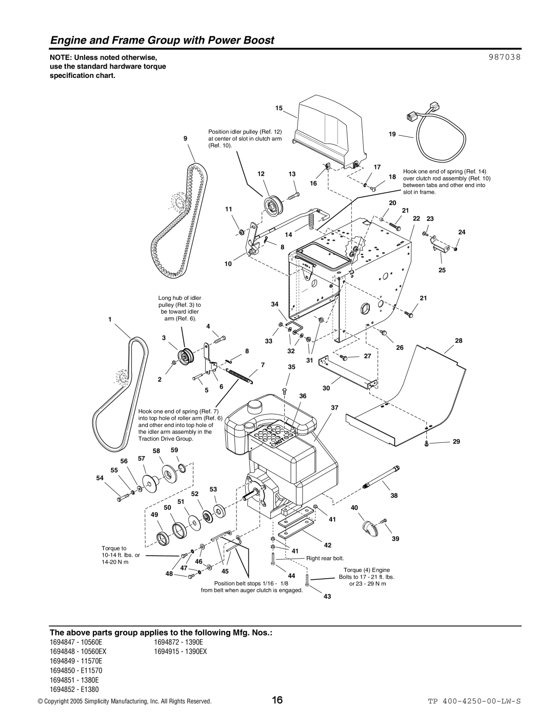 Simplicity 1694850, 1694915, 1694872, 1694914, 1694867, 1694848, 1694847 manual Engine and Frame Group with Power Boost, 987038 