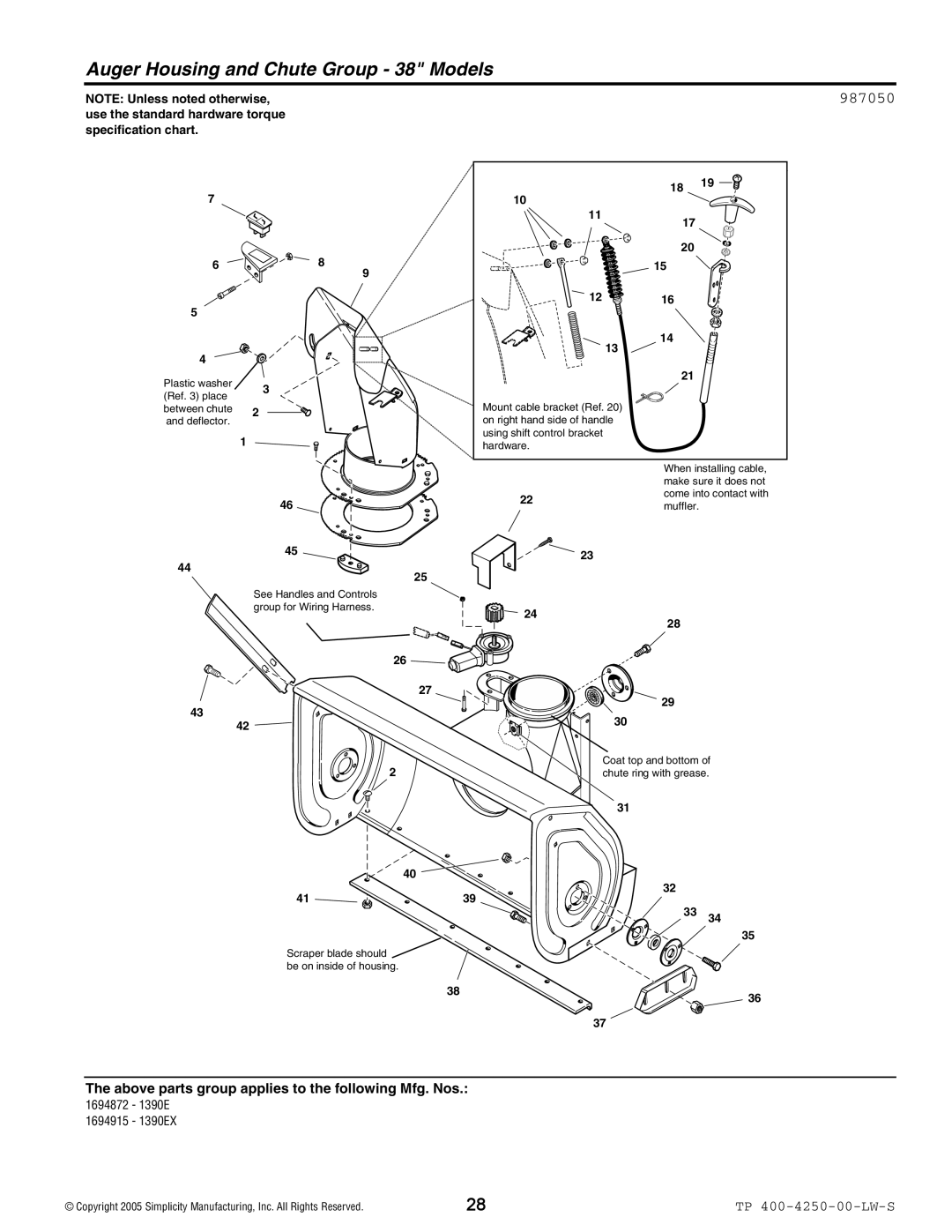 Simplicity 1694852, 1694915, 1694872, 1694914, 1694867, 1694848, 1694847 manual Auger Housing and Chute Group 38 Models, 987050 