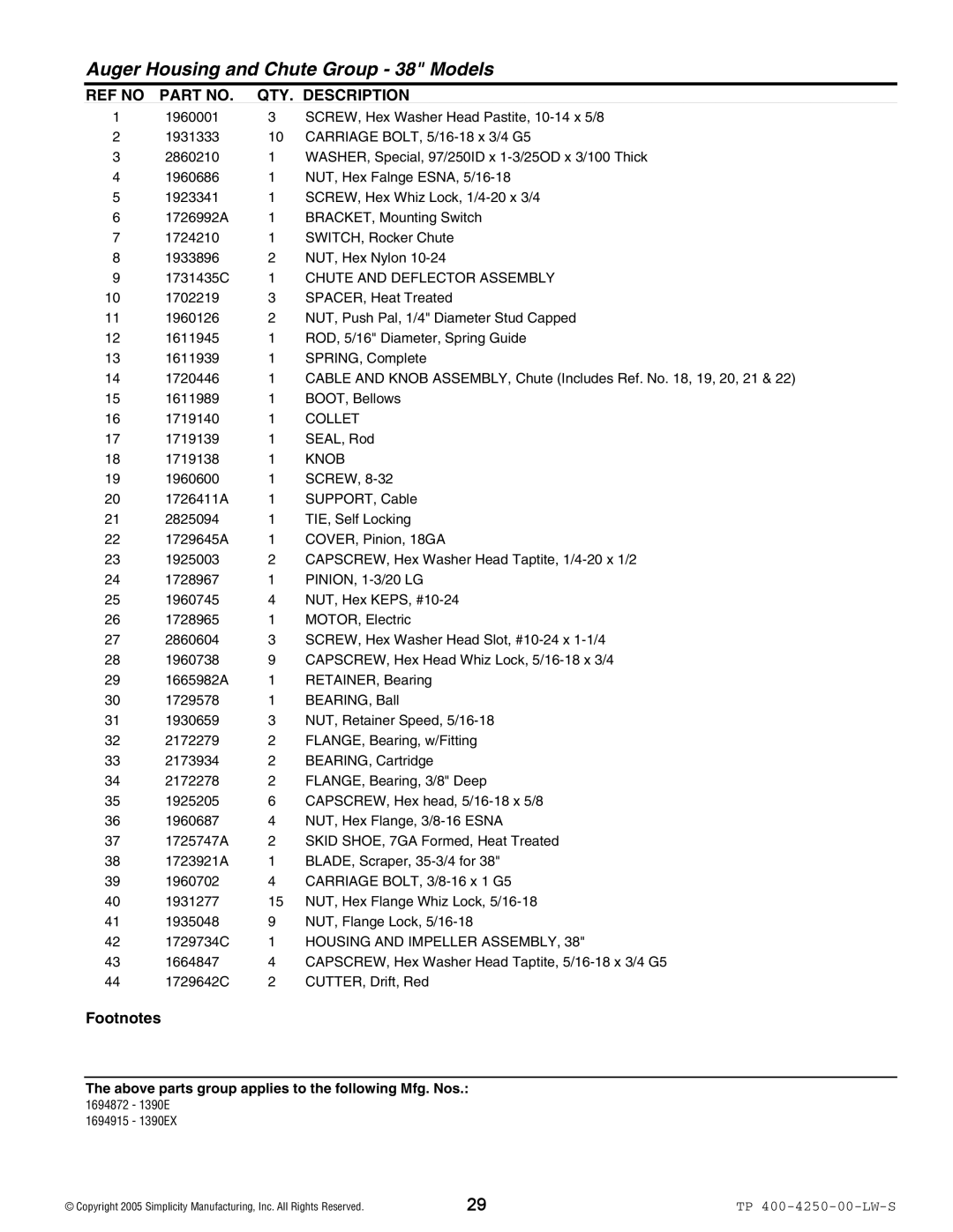 Simplicity 1694851, 1694915, 1694872, 1694914, 1694867, 1694848 Chute and Deflector Assembly, Housing and Impeller Assembly 