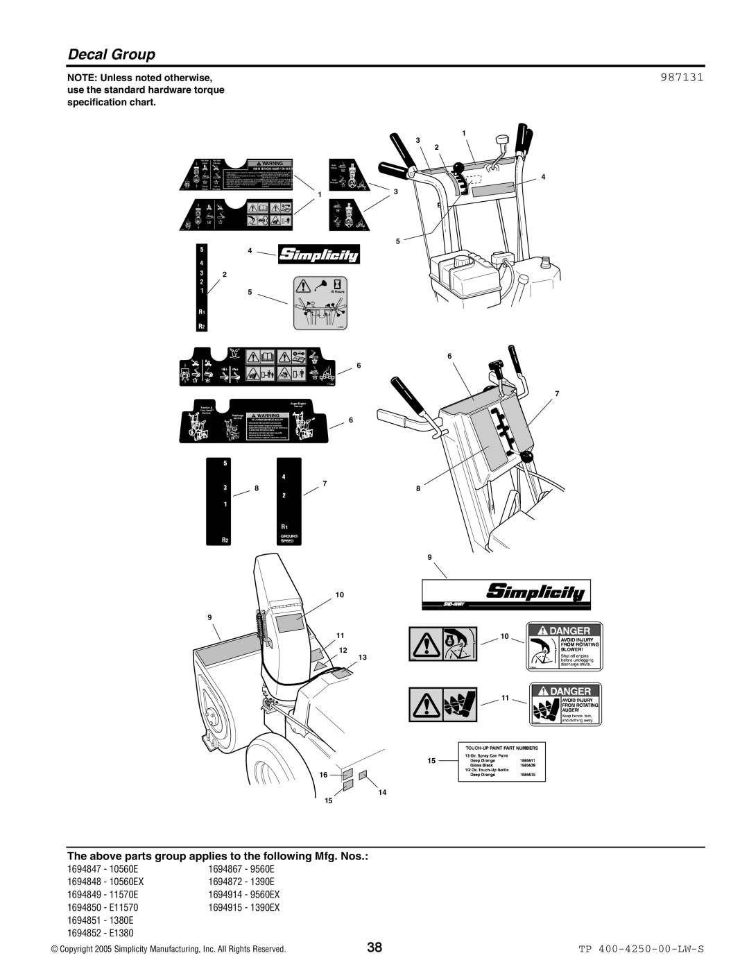 Simplicity 1694852, 1694915, 1694872, 1694914, 1694867, 1694848, 1694847, 1694850 Decal Group, Avoid Serious Injury or Death 