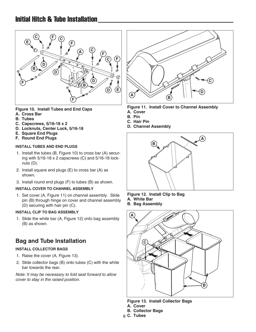 Simplicity 1694918 manual Initial Hitch & Tube Installation, Bag and Tube Installation 