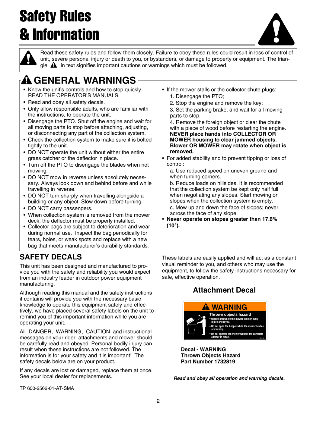 Simplicity 1694918 manual Safety Rules Information, Attachment Decal 