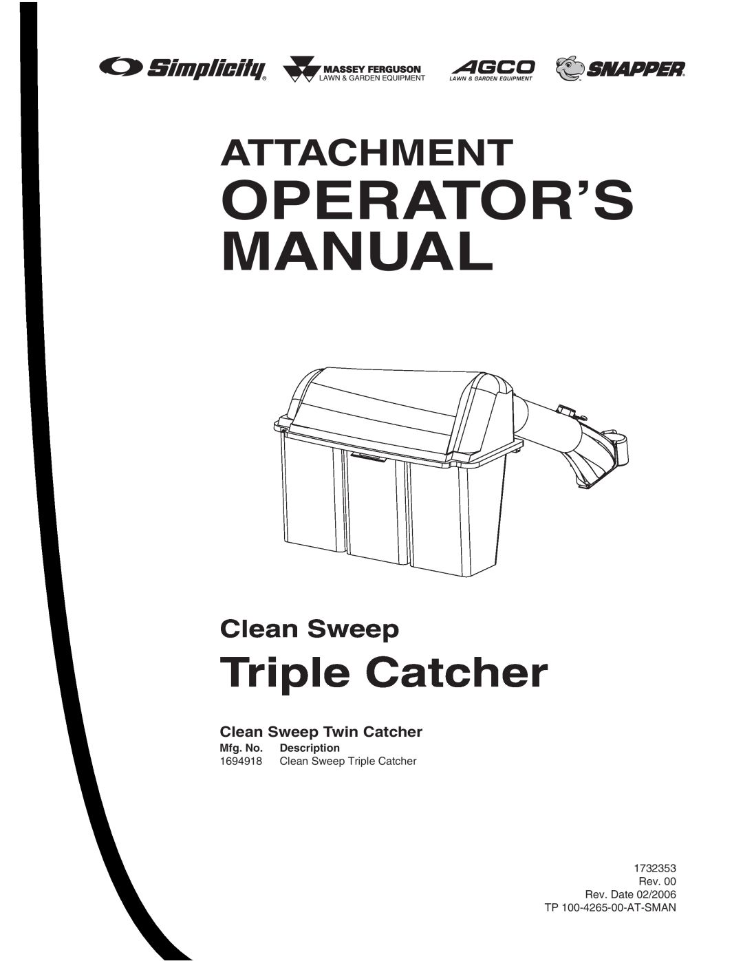 Simplicity 1694918 manual Clean Sweep Twin Catcher, Operator’S Manual, Triple Catcher, Attachment, Mfg. No. Description 