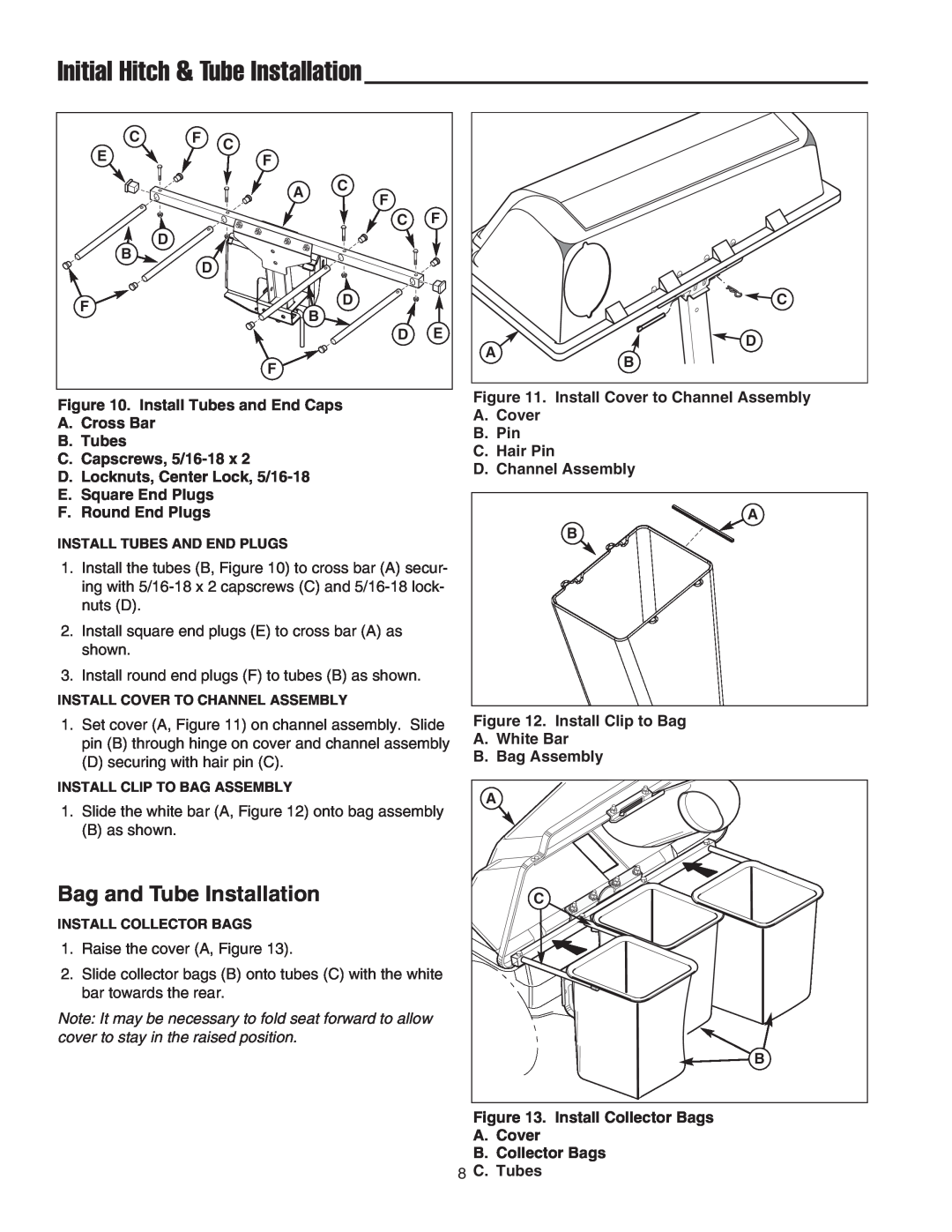 Simplicity 1694918 manual Initial Hitch & Tube Installation, Bag and Tube Installation 