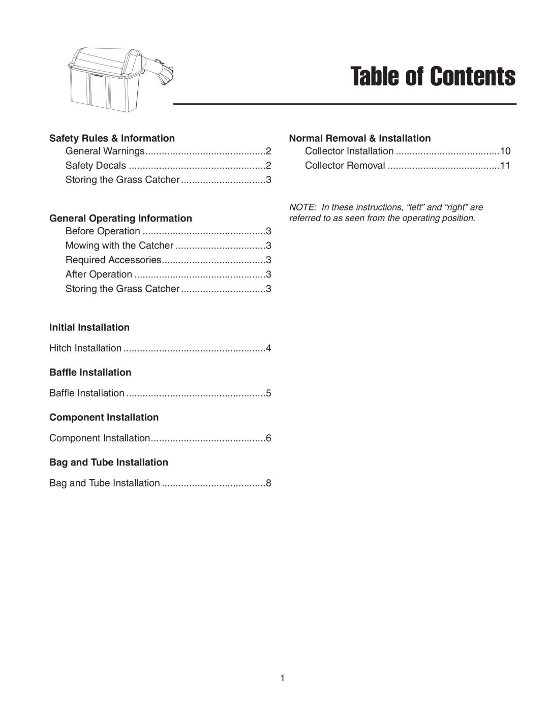 Simplicity 1694918 Table of Contents, Safety Rules & Information, Normal Removal & Installation, Initial Installation 