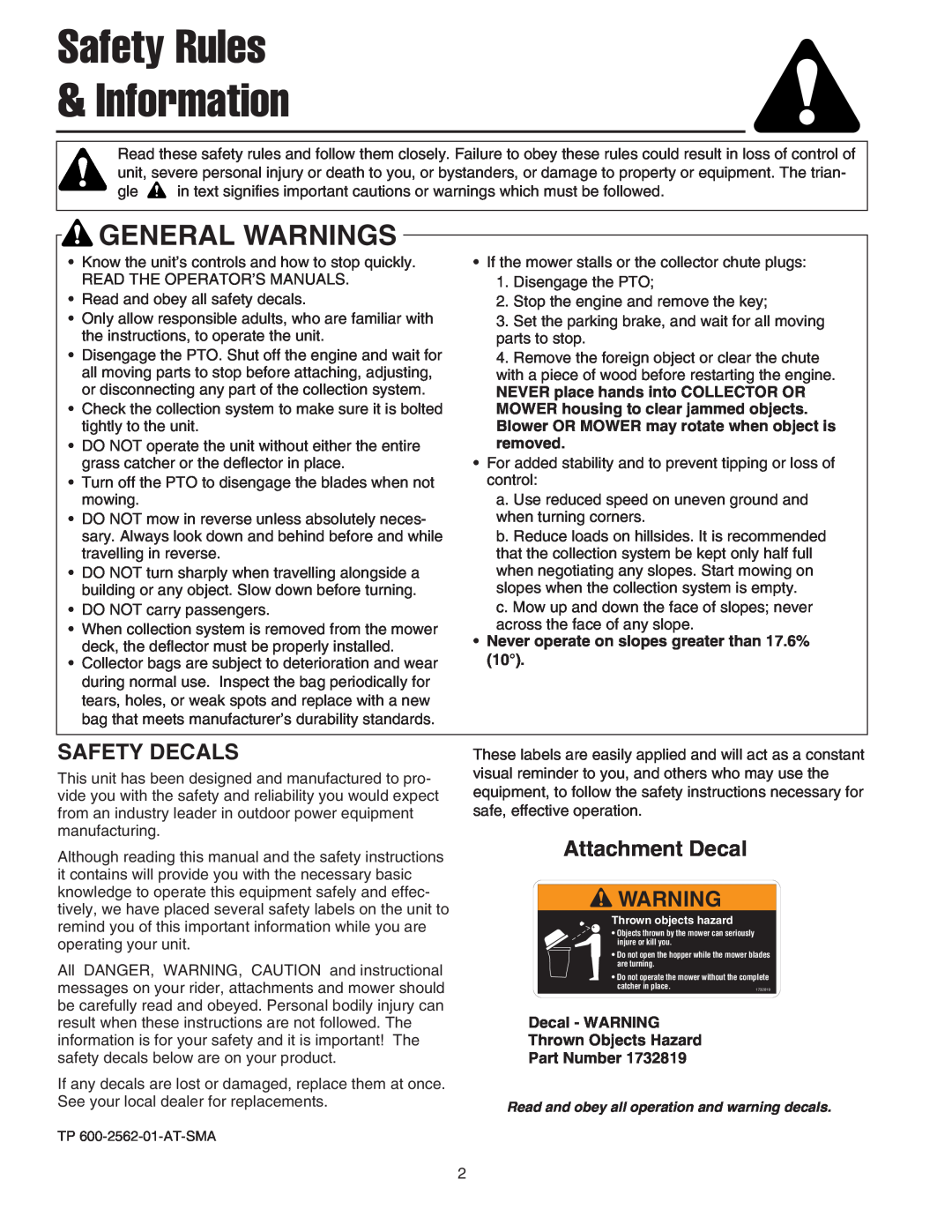 Simplicity 1694918 manual Safety Rules Information, Safety Decals, Attachment Decal, General Warnings 