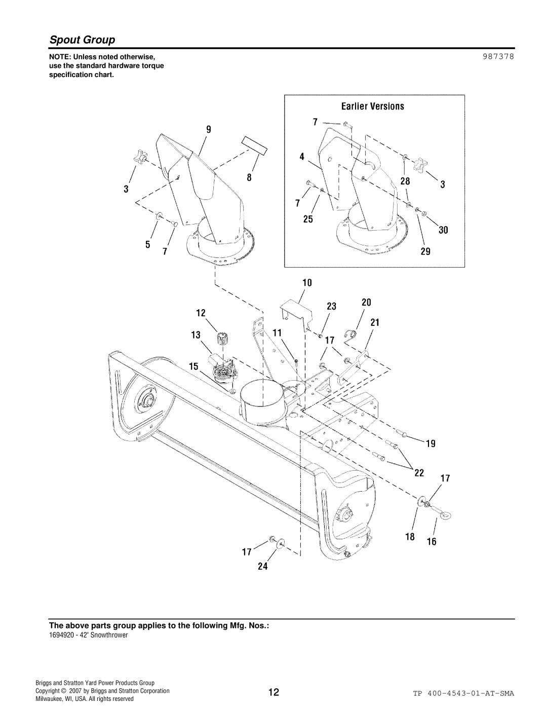 Simplicity 1694920 manual Spout Group, 987378, NOTE Unless noted otherwise, Briggs and Stratton Yard Power Products Group 