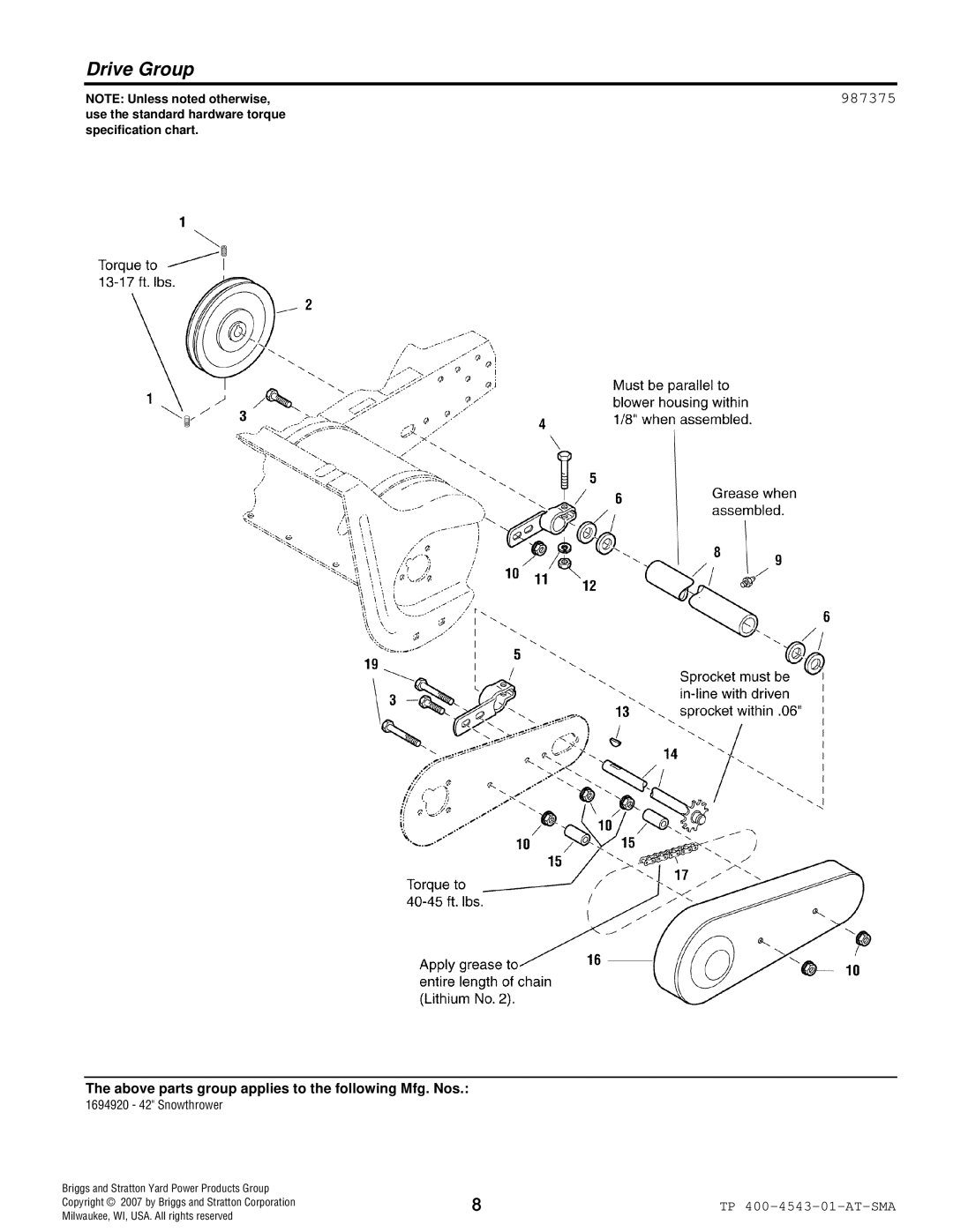Simplicity 1694920 manual Drive Group, 987375, NOTE Unless noted otherwise, Briggs and Stratton Yard Power Products Group 