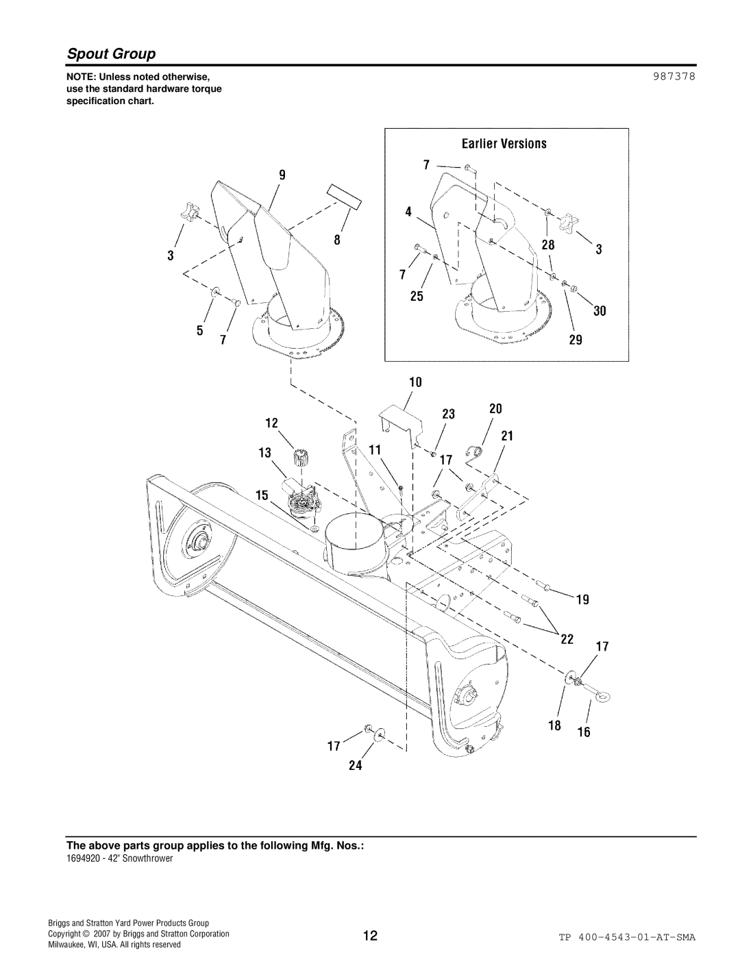 Simplicity 1694920 manual Spout Group, 987378 