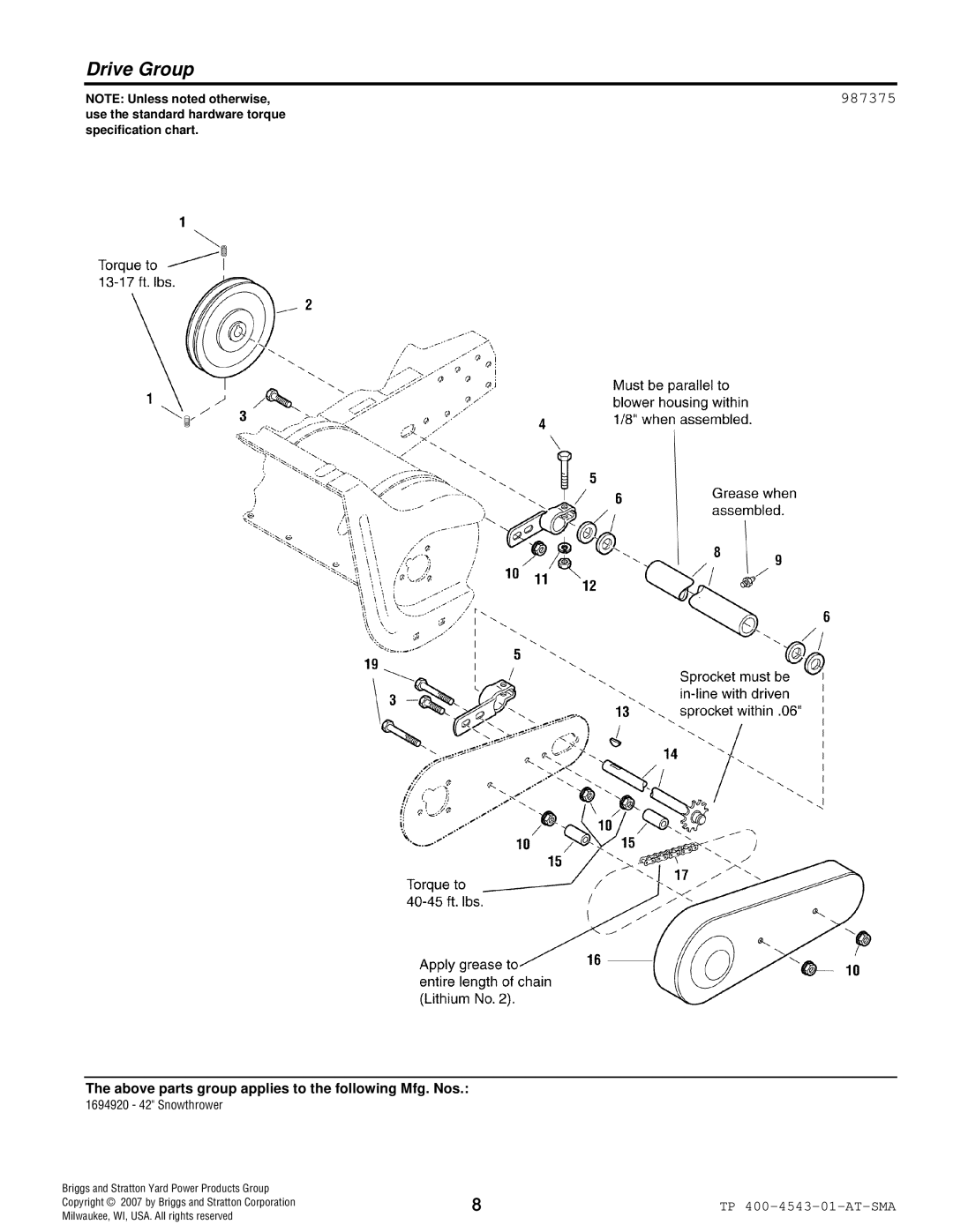 Simplicity 1694920 manual Drive Group, 987375 