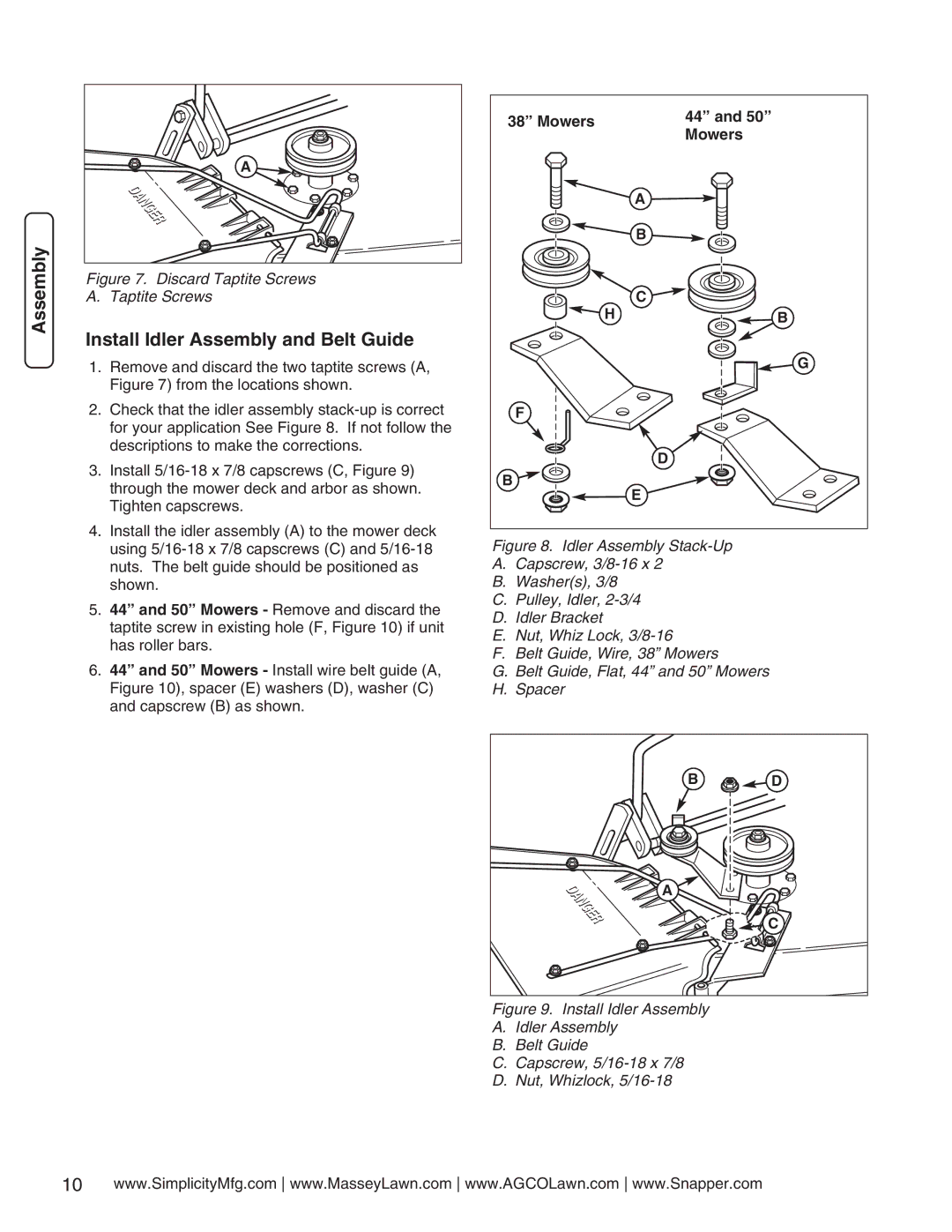 Simplicity 1694924 manual Install Idler Assembly and Belt Guide, Discard Taptite Screws 