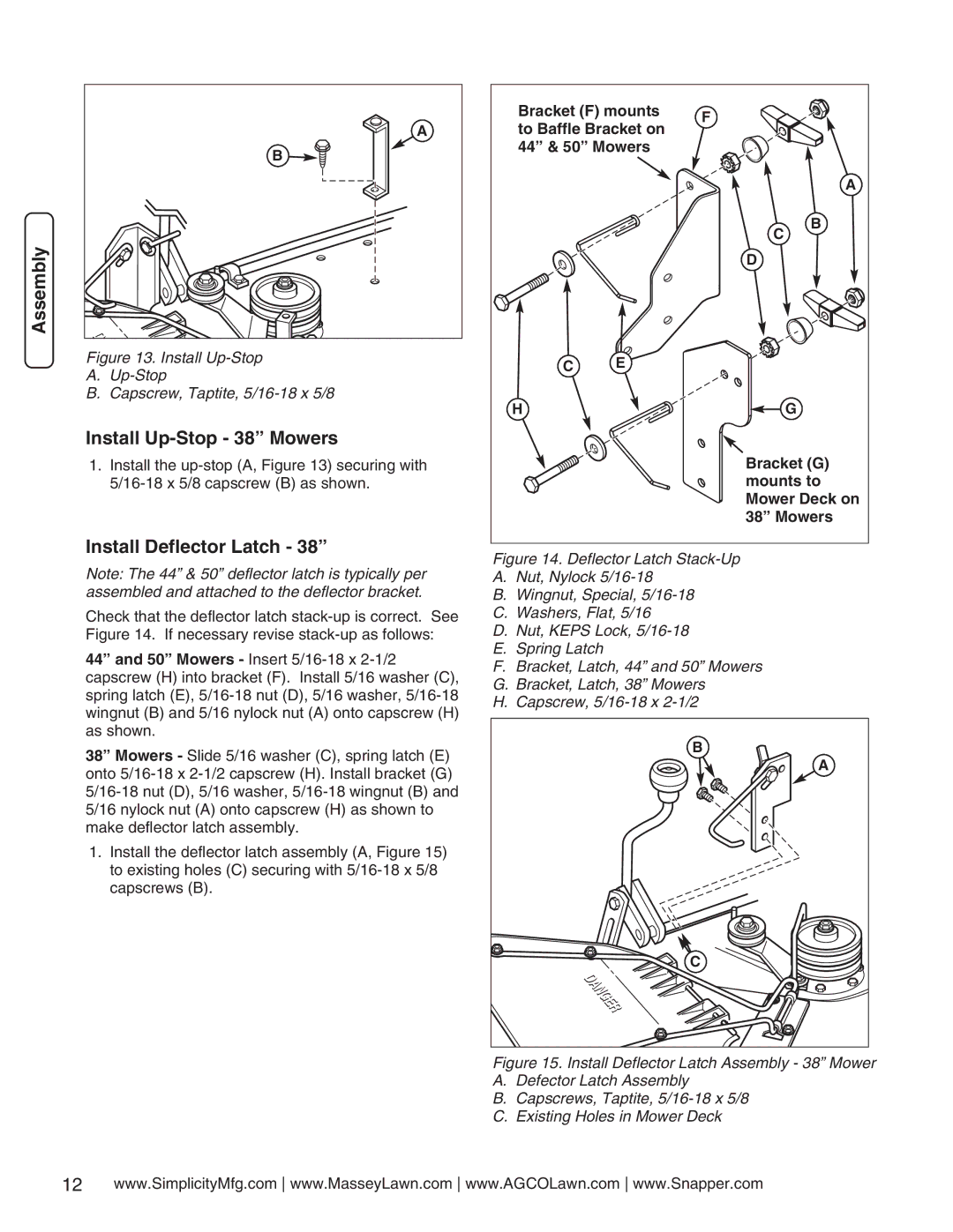 Simplicity 1694924 manual Install Up-Stop 38 Mowers, Install Deflector Latch 