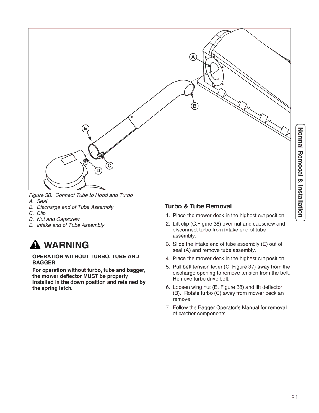 Simplicity 1694924 manual Normal Remocal, Turbo & Tube Removal, Installation 