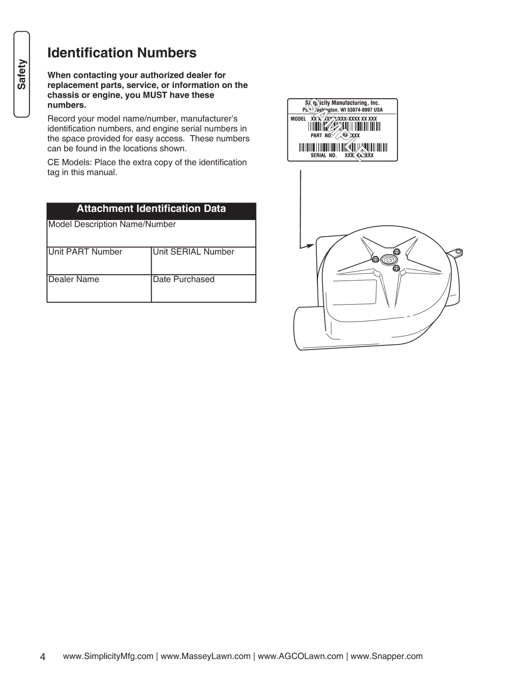 Simplicity 1694924 manual Identification Numbers, Attachment Identification Data 