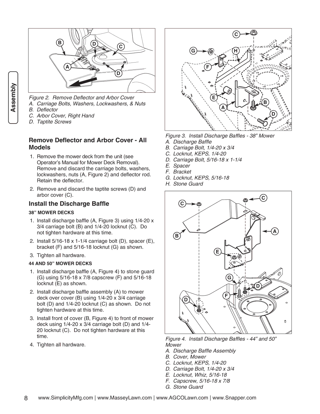 Simplicity 1694924 manual Remove Deflector and Arbor Cover All Models, Install the Discharge Baffle 