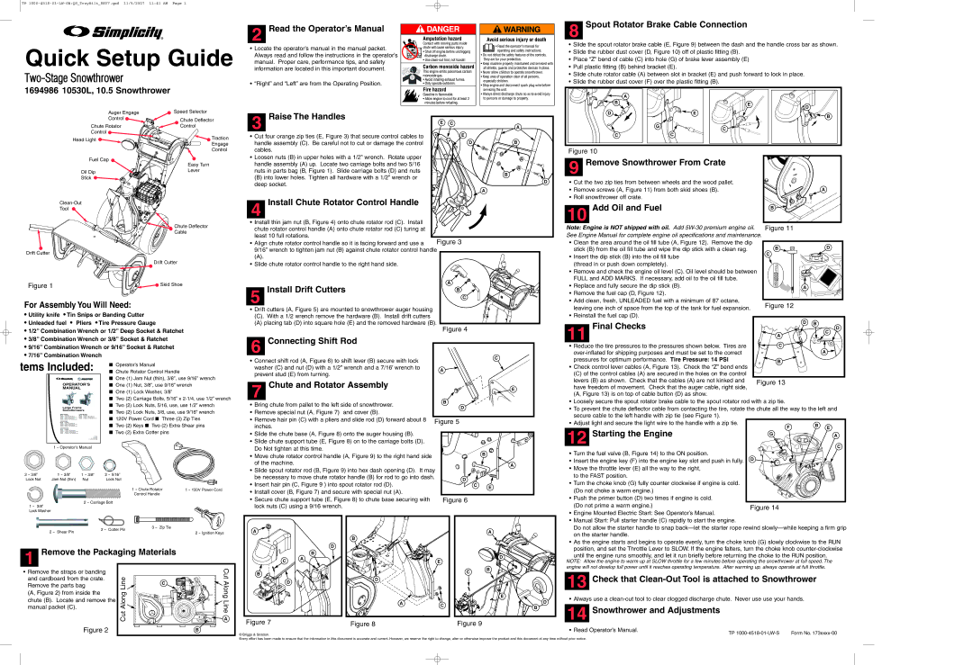 Simplicity 10.5, 1694986, 10530L setup guide Two-Stage Snowthrower, Tems Included 