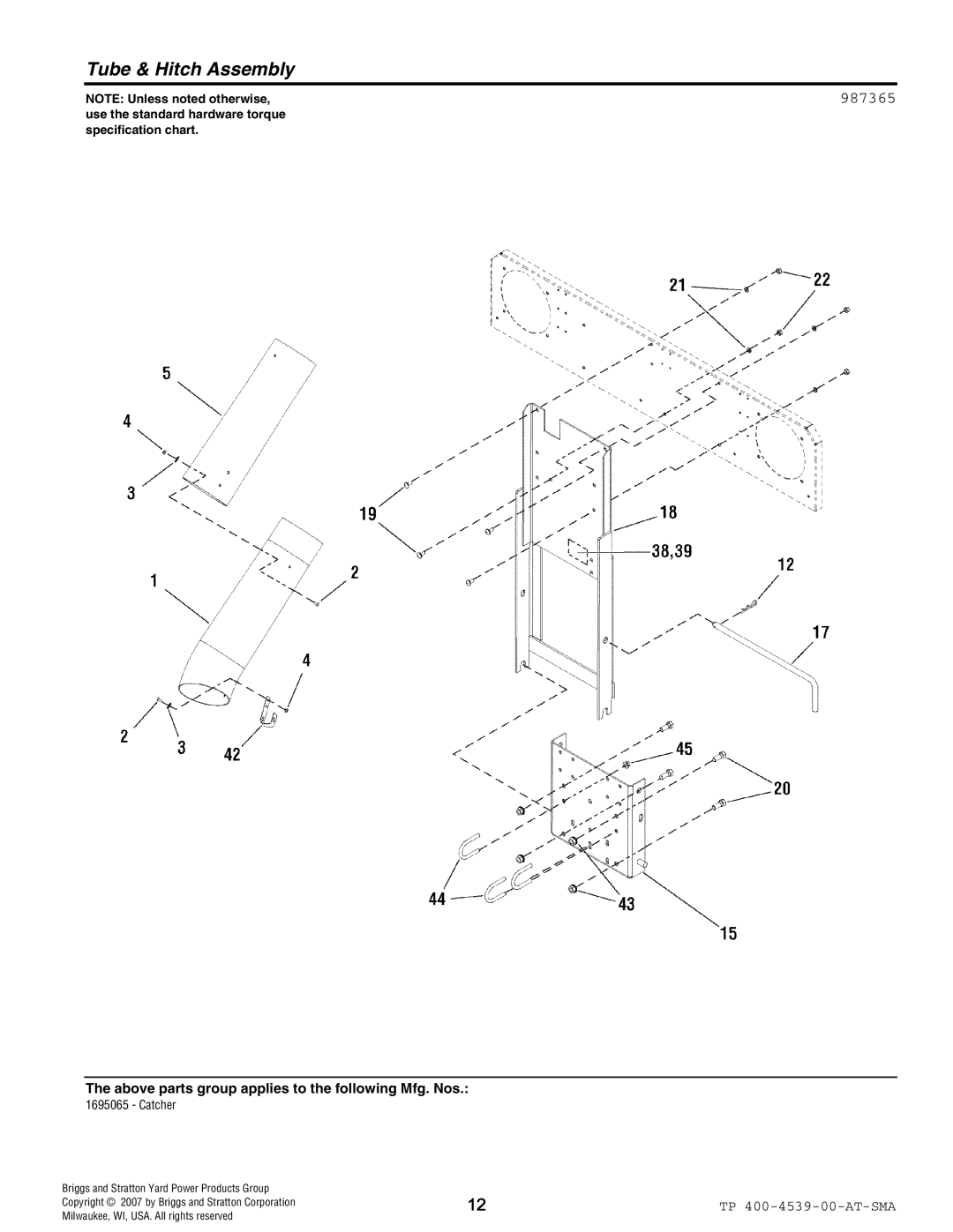 Simplicity 1695065 manual Tube & Hitch Assembly, 987365 