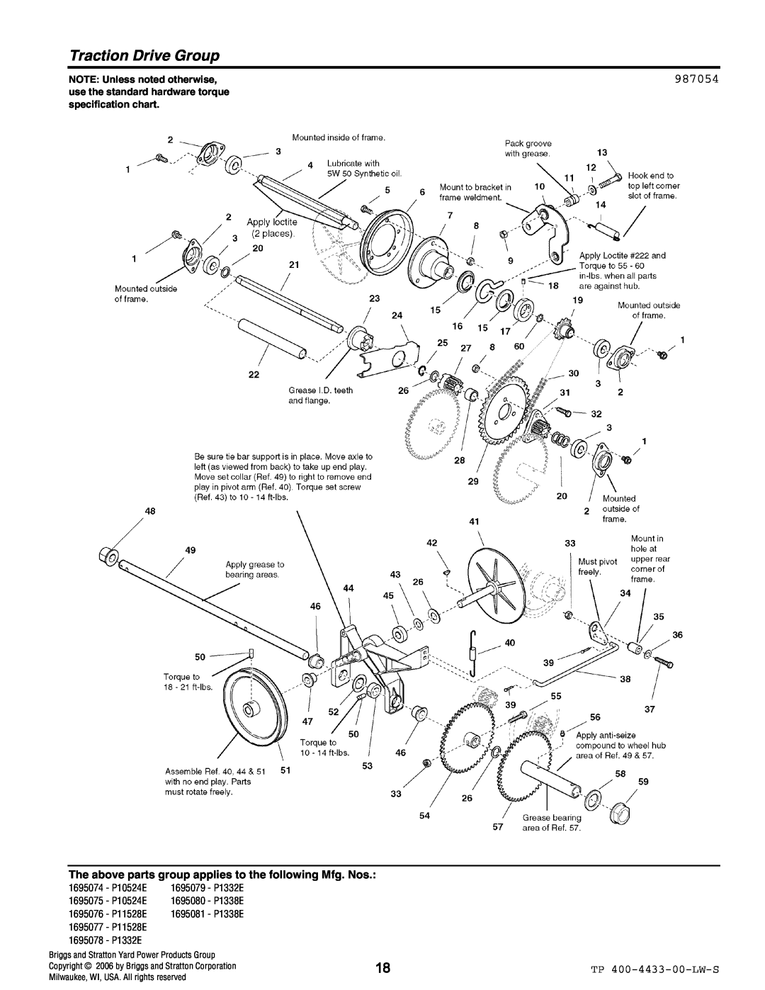 Simplicity 1695078 manual Traction Drive Group, 987054, NOTE Unless noted otherwise, 1695074 - P10524E 1695079 - P1332E 