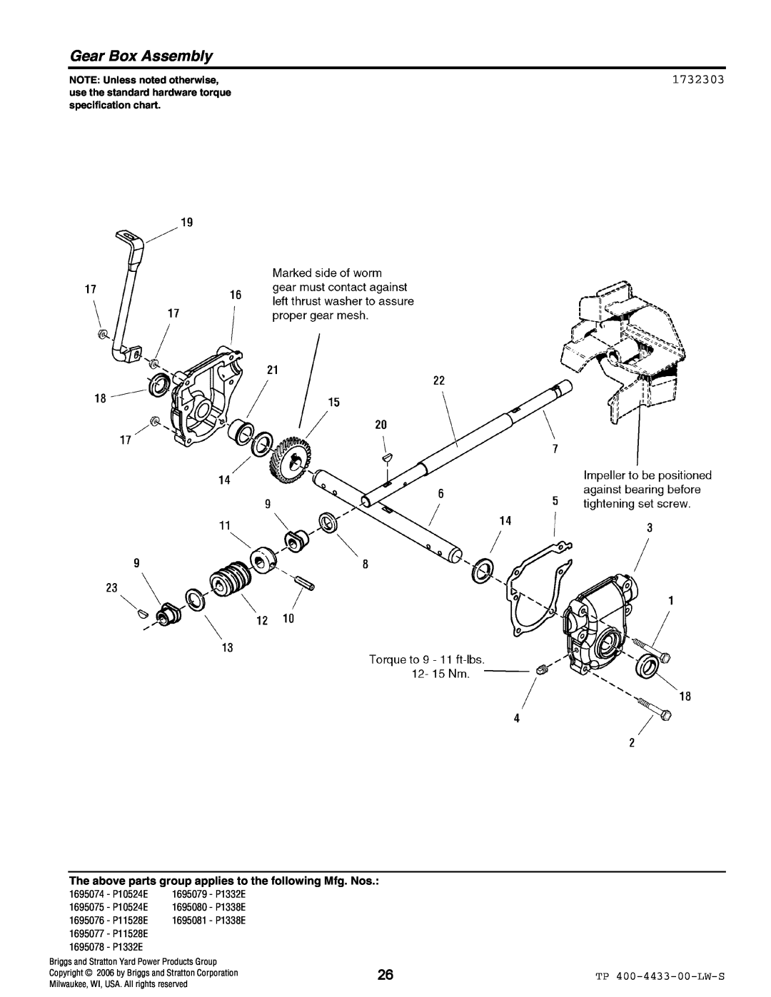 Simplicity 1695078, 1695075 Gear Box Assembly, 1732303, NOTE Unless noted otherwise, 1695074 - P10524E 1695079 - P1332E 