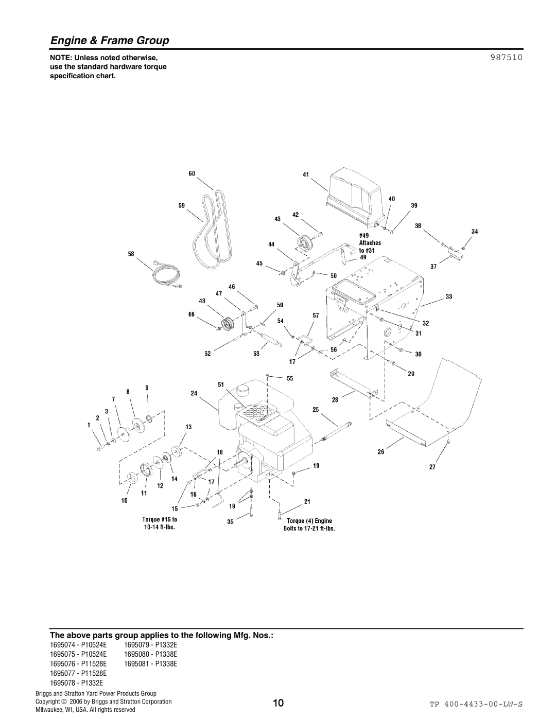 Simplicity 1695079, 1695078, 1695075, 1695081, 1695074, 1695076, 1695077, 1695080 manual Engine & Frame Group 