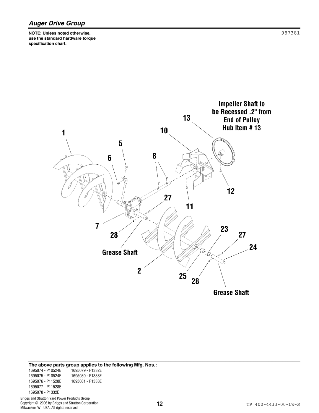 Simplicity 1695074, 1695078, 1695075, 1695079, 1695081, 1695076, 1695077, 1695080 manual Auger Drive Group, 987381 