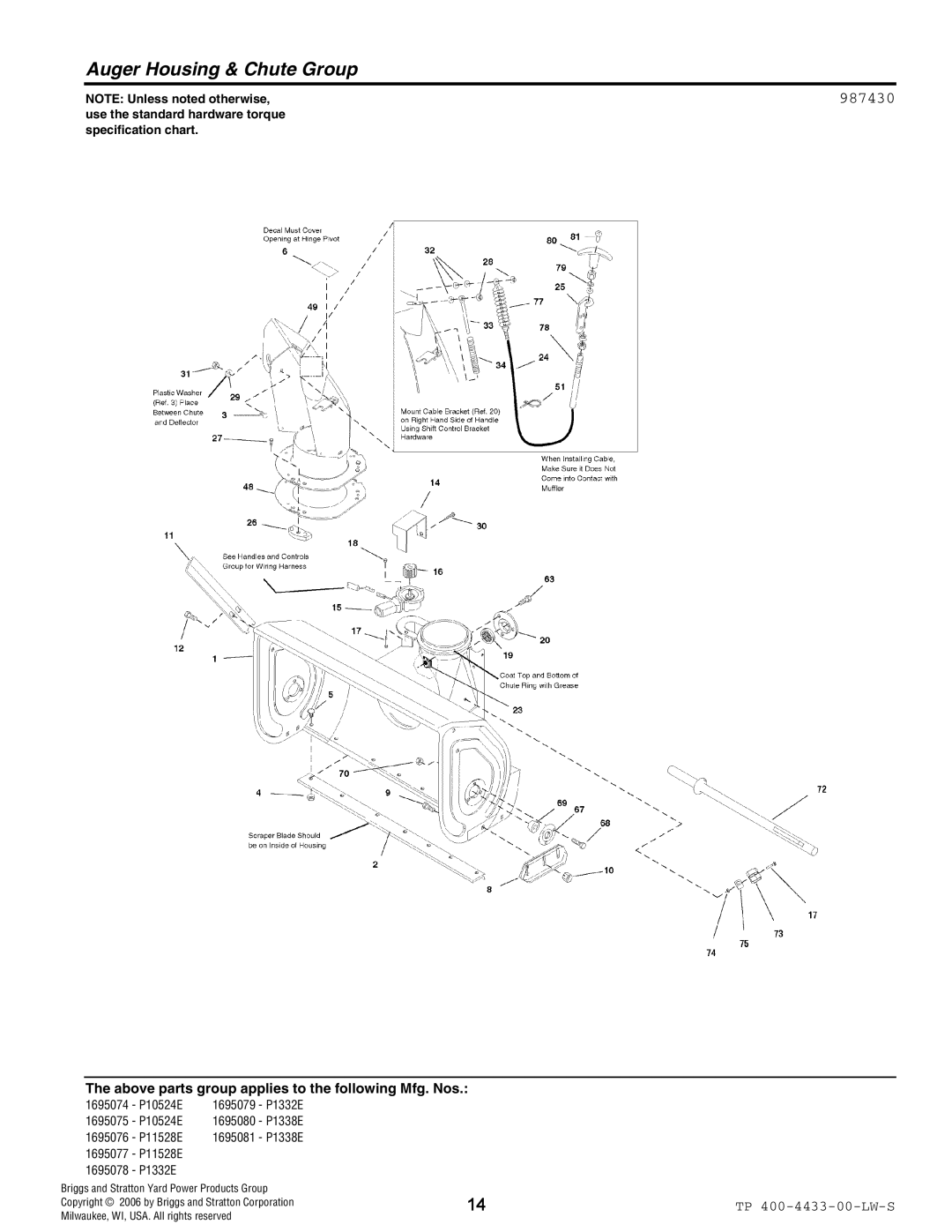 Simplicity 1695077, 1695078, 1695075, 1695079, 1695081, 1695074, 1695076, 1695080 manual Auger Housing & Chute Group, 987430 