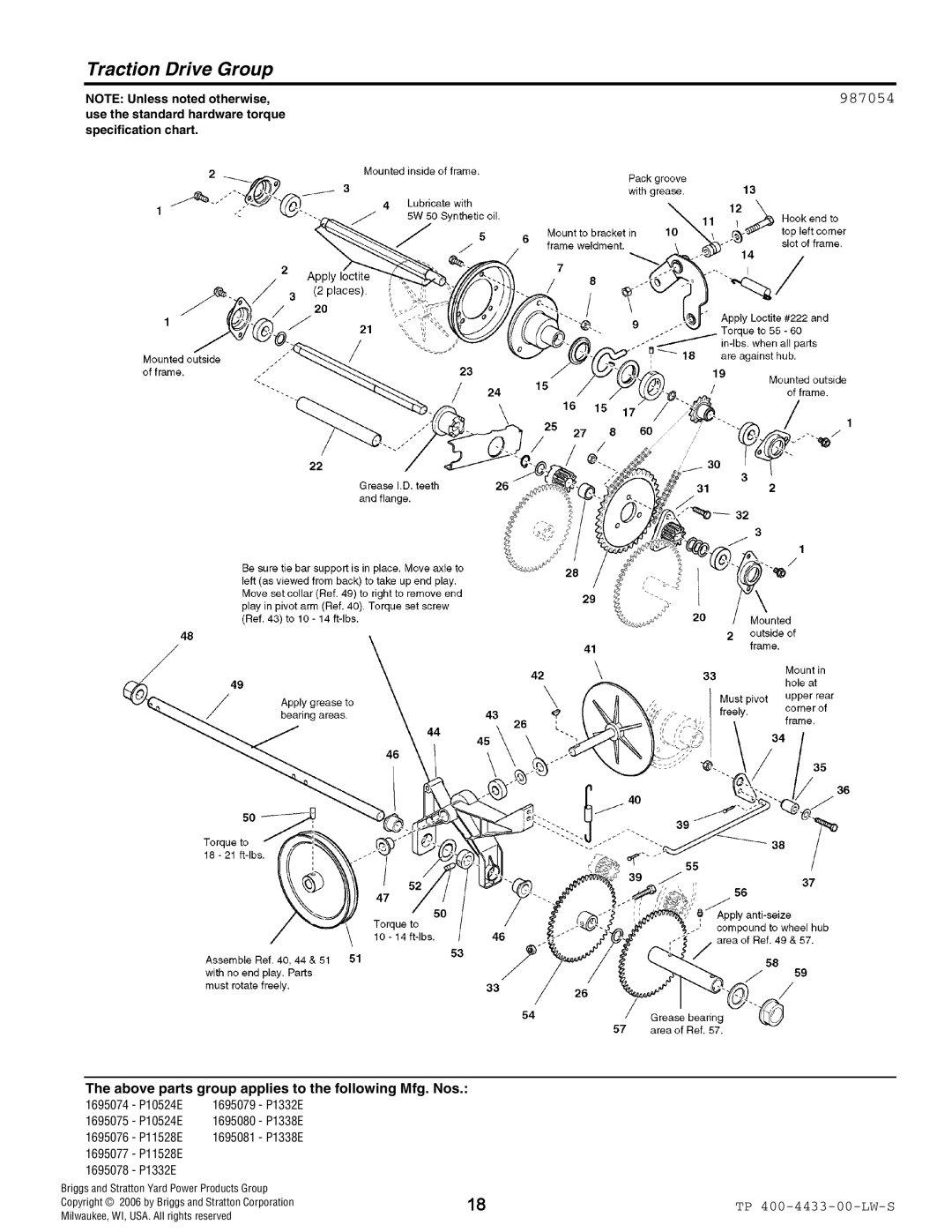 Simplicity 1695079, 1695078, 1695075, 1695081, 1695074, 1695076, 1695077, 1695080 manual Traction Drive Group, 987054 