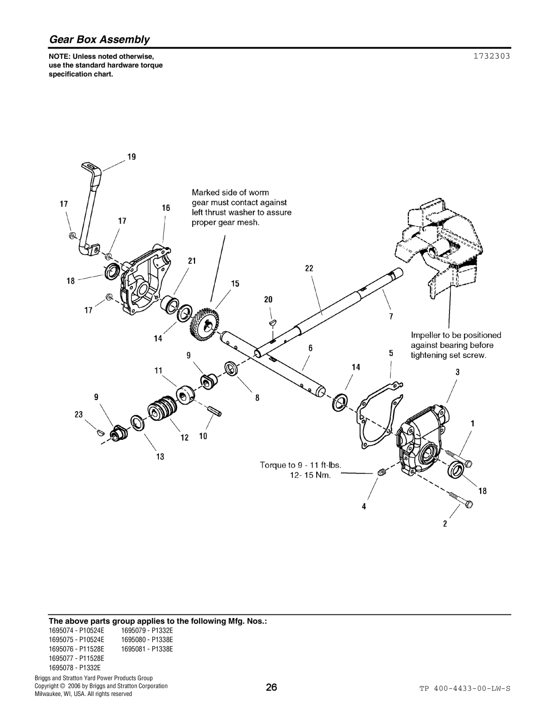 Simplicity 1695079, 1695078, 1695075, 1695081, 1695074, 1695076, 1695077, 1695080 manual Gear Box Assembly, 1732303 