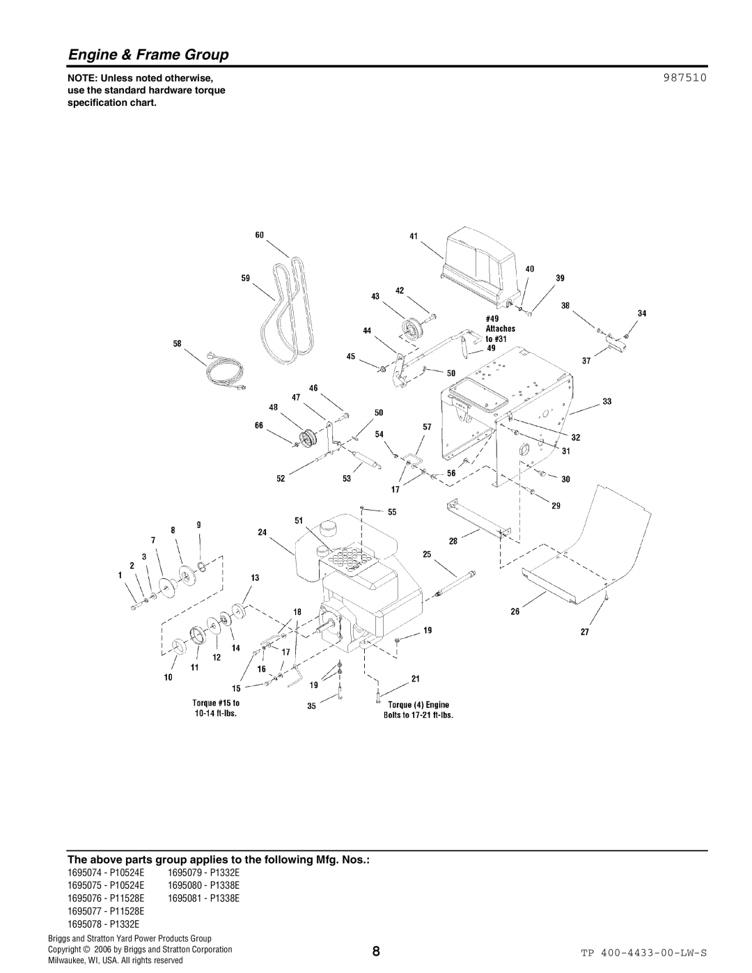 Simplicity 1695078, 1695075, 1695079, 1695081, 1695074, 1695076, 1695077, 1695080 manual Engine & Frame Group, 987510 