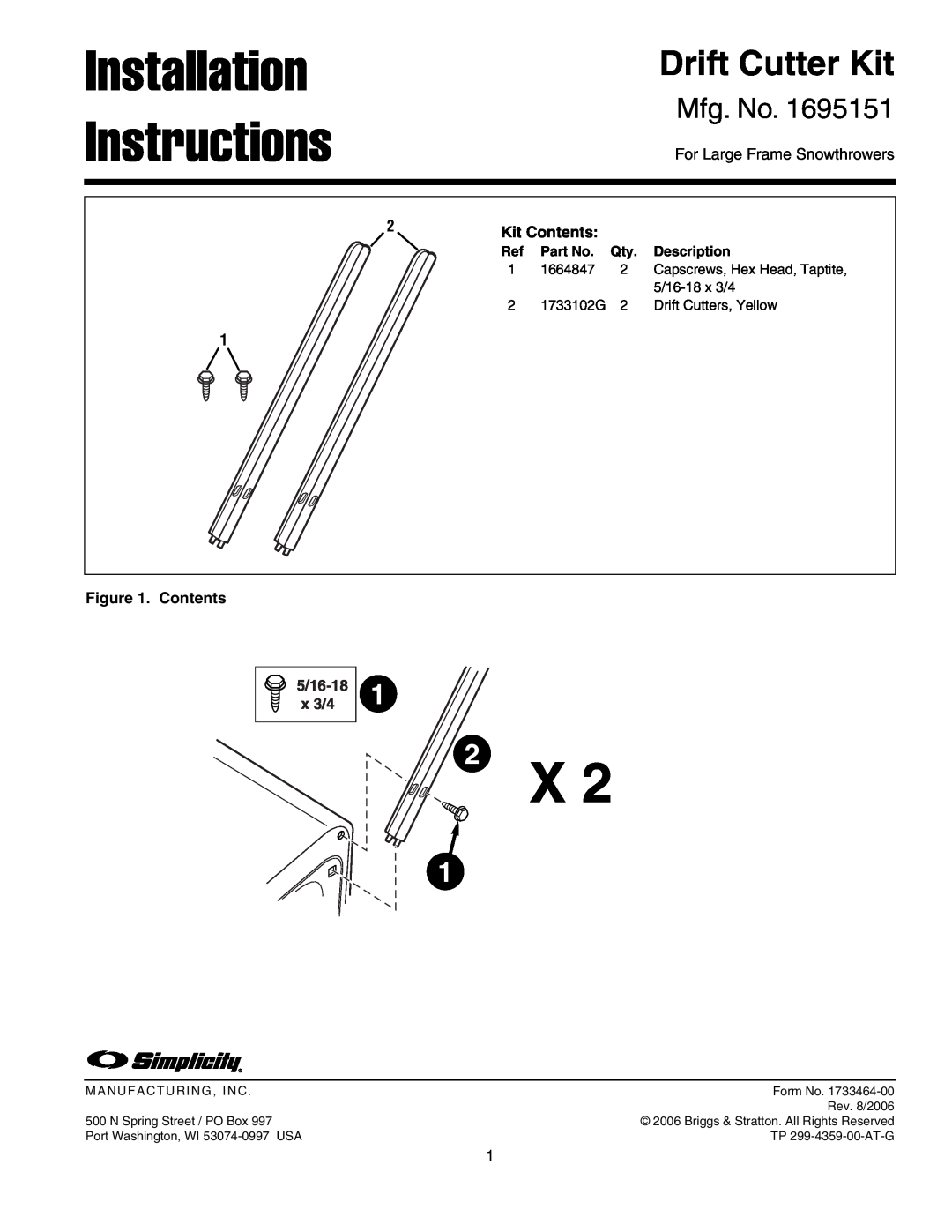 Simplicity 1695151 installation instructions Installation Instructions, Drift Cutter Kit, Mfg. No, Kit Contents, Part No 