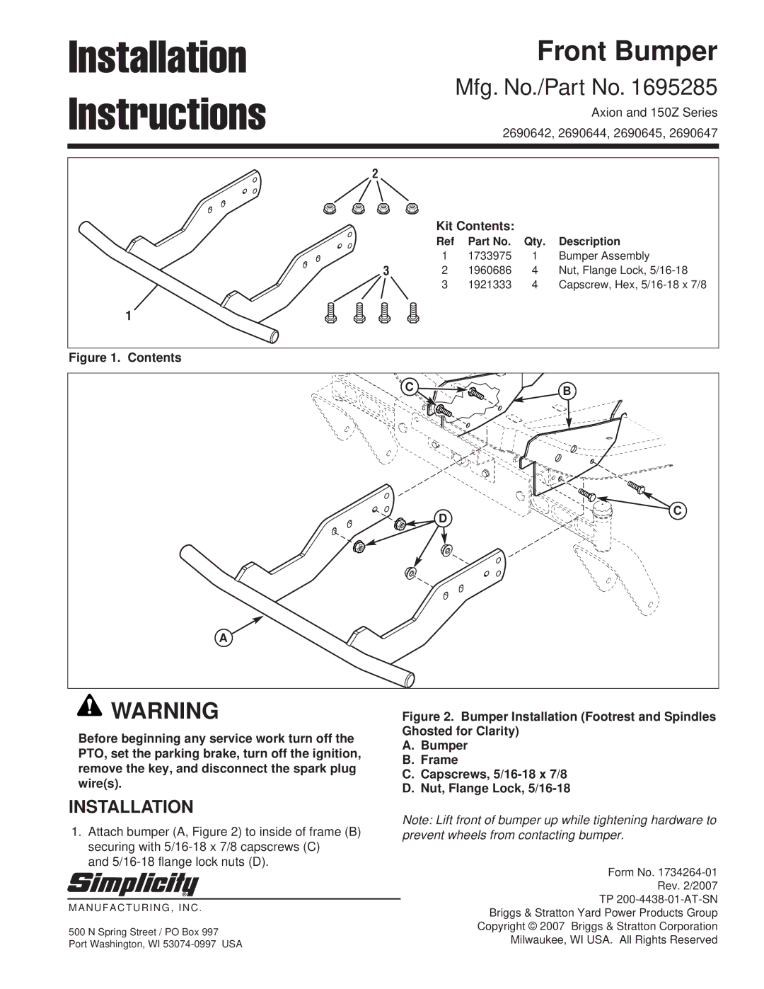 Simplicity 1695285 installation instructions Installation, Instructions, Kit Contents 