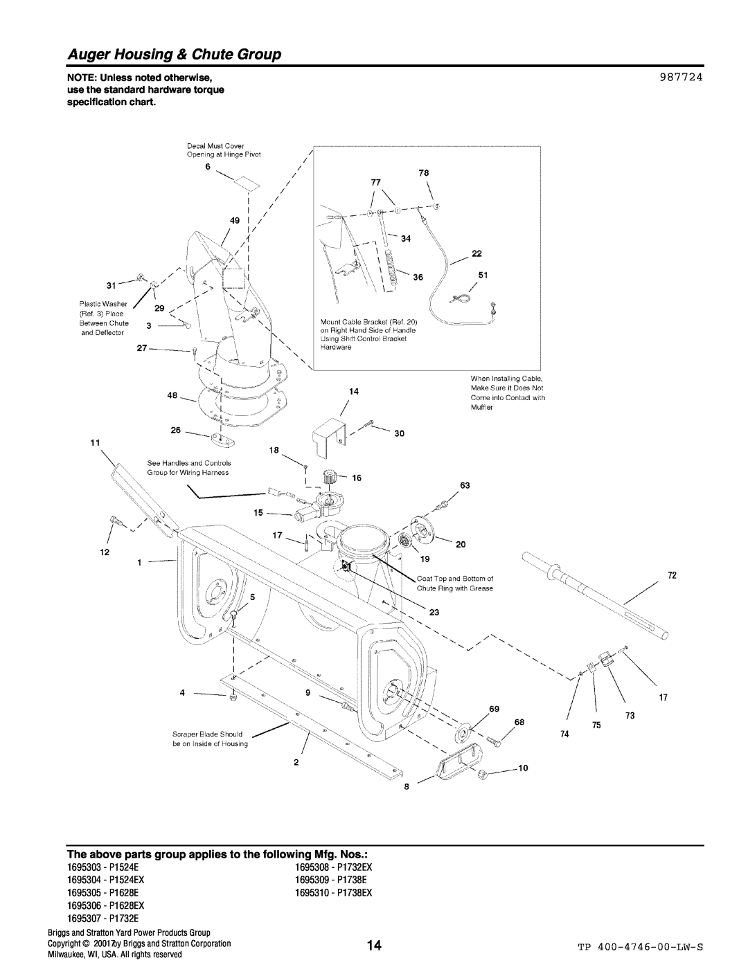Simplicity 1695304, 1695310, 1695305, 1695309, 1695307 manual Auger Housing & Chute Group, 987724, NOTE Unless noted otherwise 