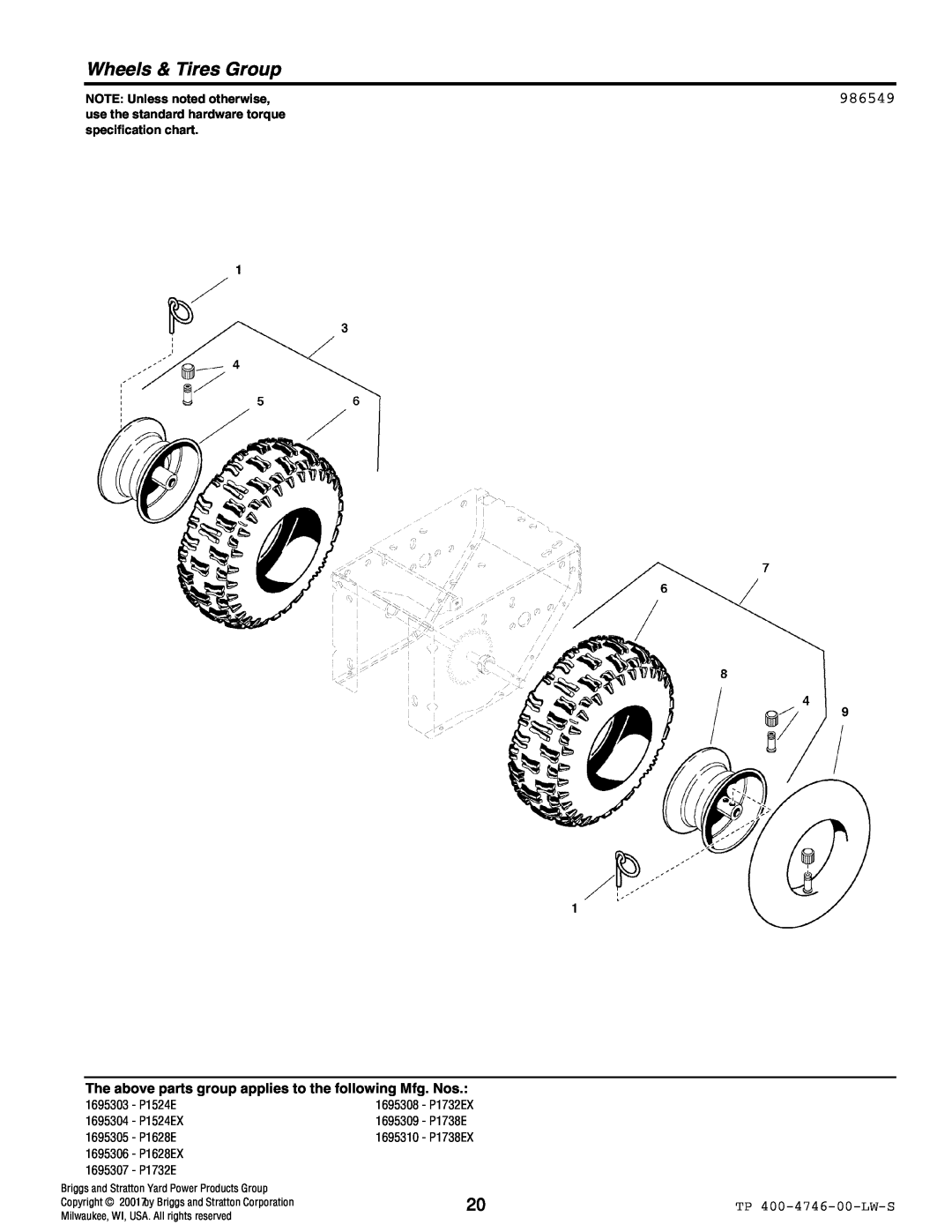 Simplicity 1695306, 1695310, 1695305, 1695309, 1695307, 1695308 manual Wheels & Tires Group, 986549, NOTE Unless noted otherwise 