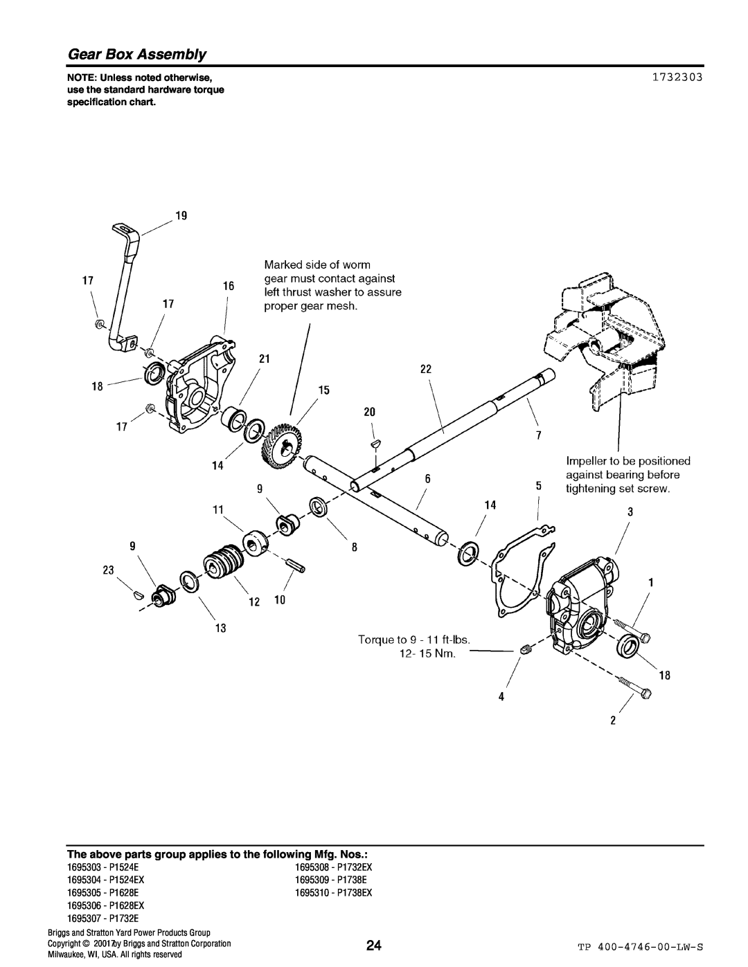 Simplicity 1695310, 1695305, 1695309, 1695307, 1695306, 1695308 manual Gear Box Assembly, 1732303, NOTE Unless noted otherwise 
