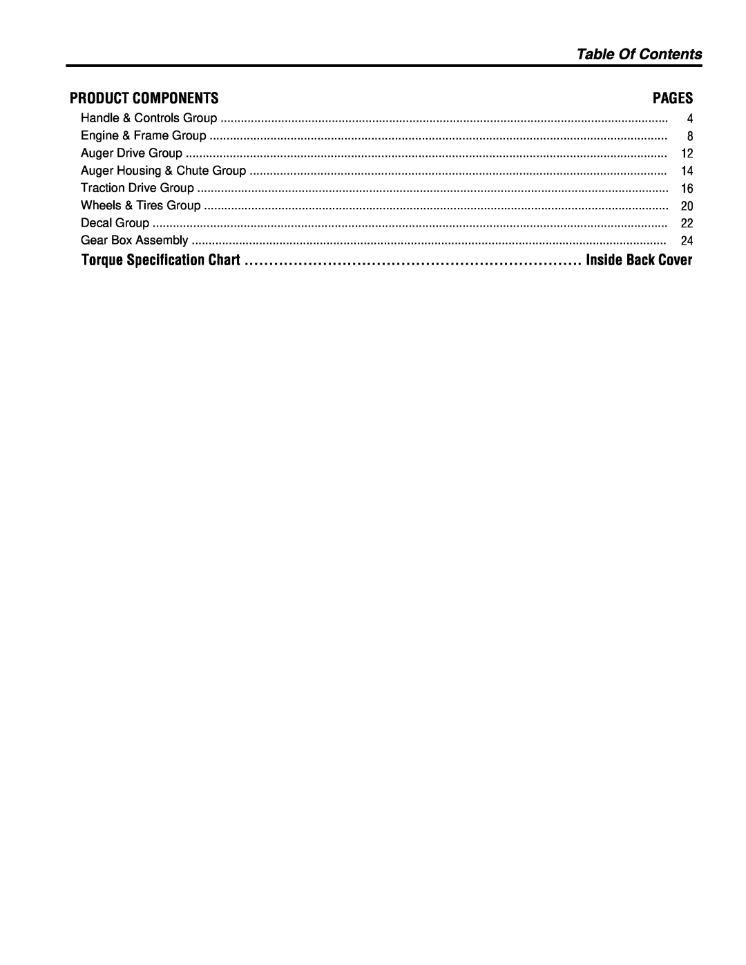 Simplicity 1695307, 1695310 Table Of Contents, Product Components, Pages, Torque Specification Chart, Inside Back Cover 