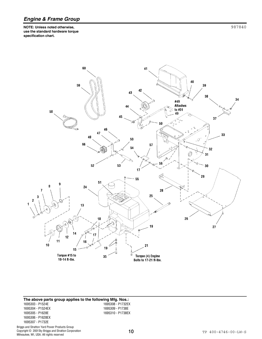 Simplicity 1695309, 1695310, 1695305, 1695307, 1695306, 1695308, 1695304, 1695303 manual Engine & Frame Group 